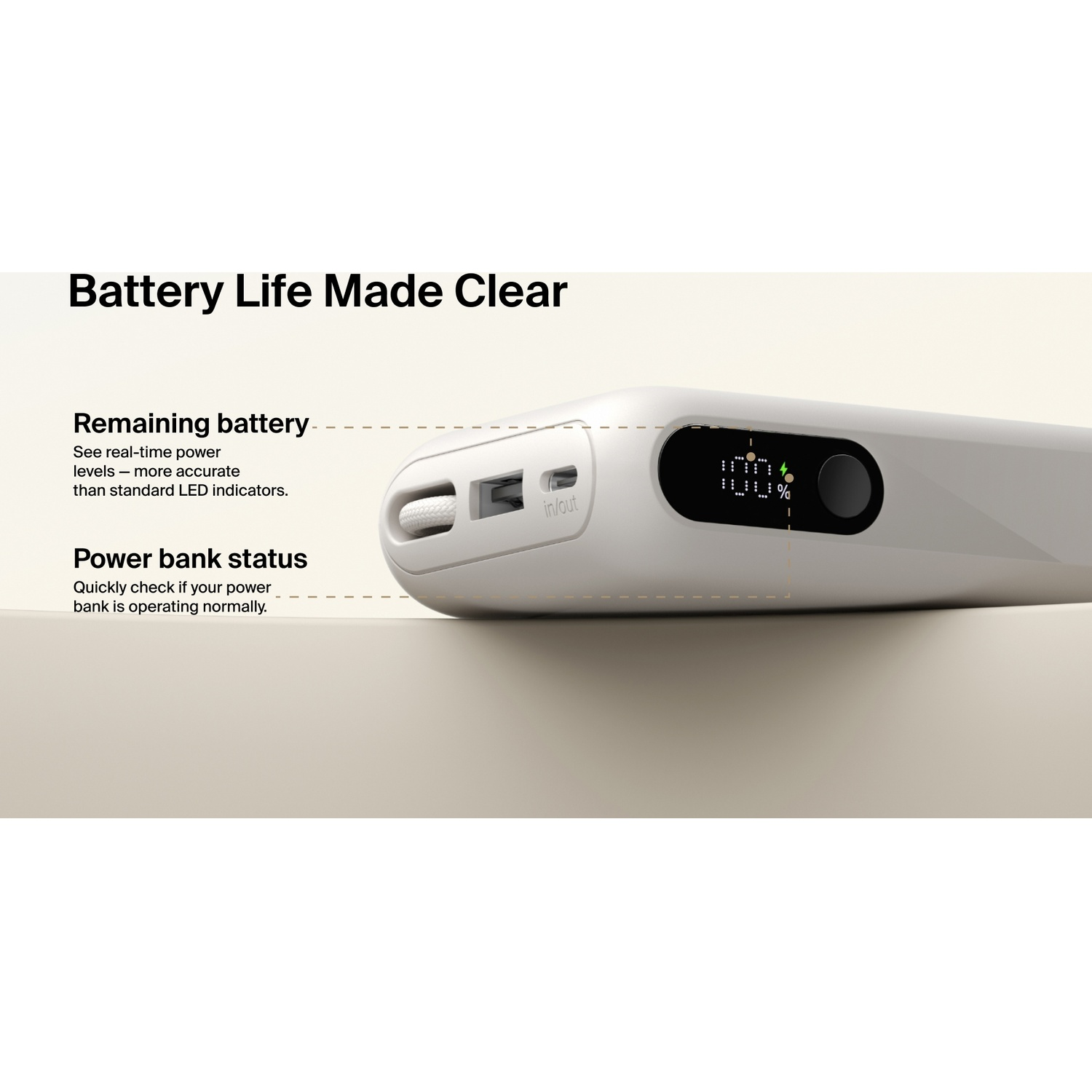 BELKIN BoostCharge 10.000 mAh – 45W PD – Met Display & Geïntegreerde Kabel (USB-A + USB-C) Powerbank Beige