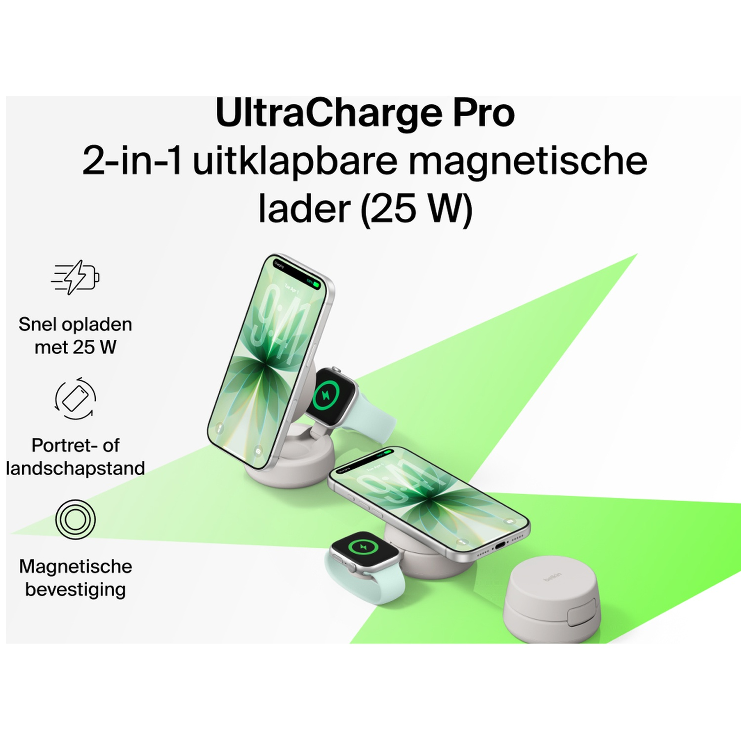 BELKIN BoostCharge Pro 2-in-1 Draadloze Oplader Qi2 25W - Beige