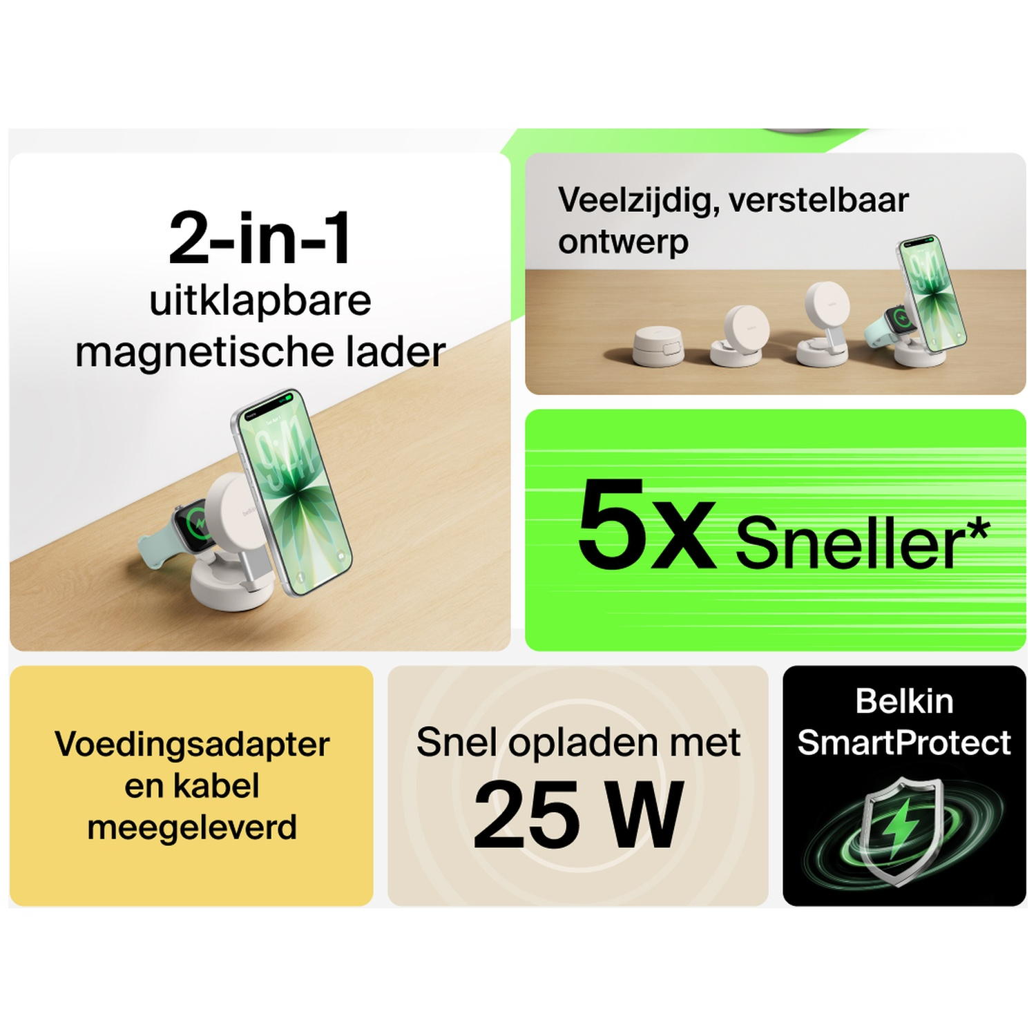 BELKIN BoostCharge Pro 2-in-1 Draadloze Oplader Qi2 25W - Beige
