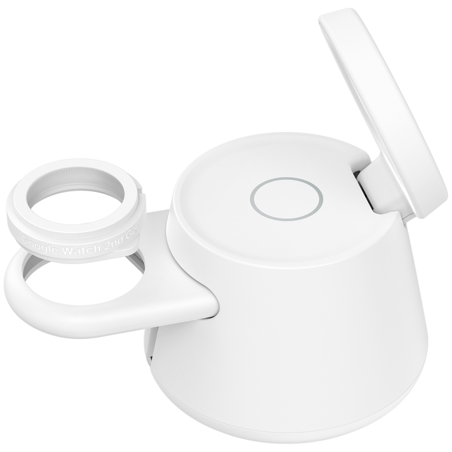 Une station de charge blanche pour Google Watch 2nd Gen avec deux supports circulaires et un bras incliné sur fond blanc.