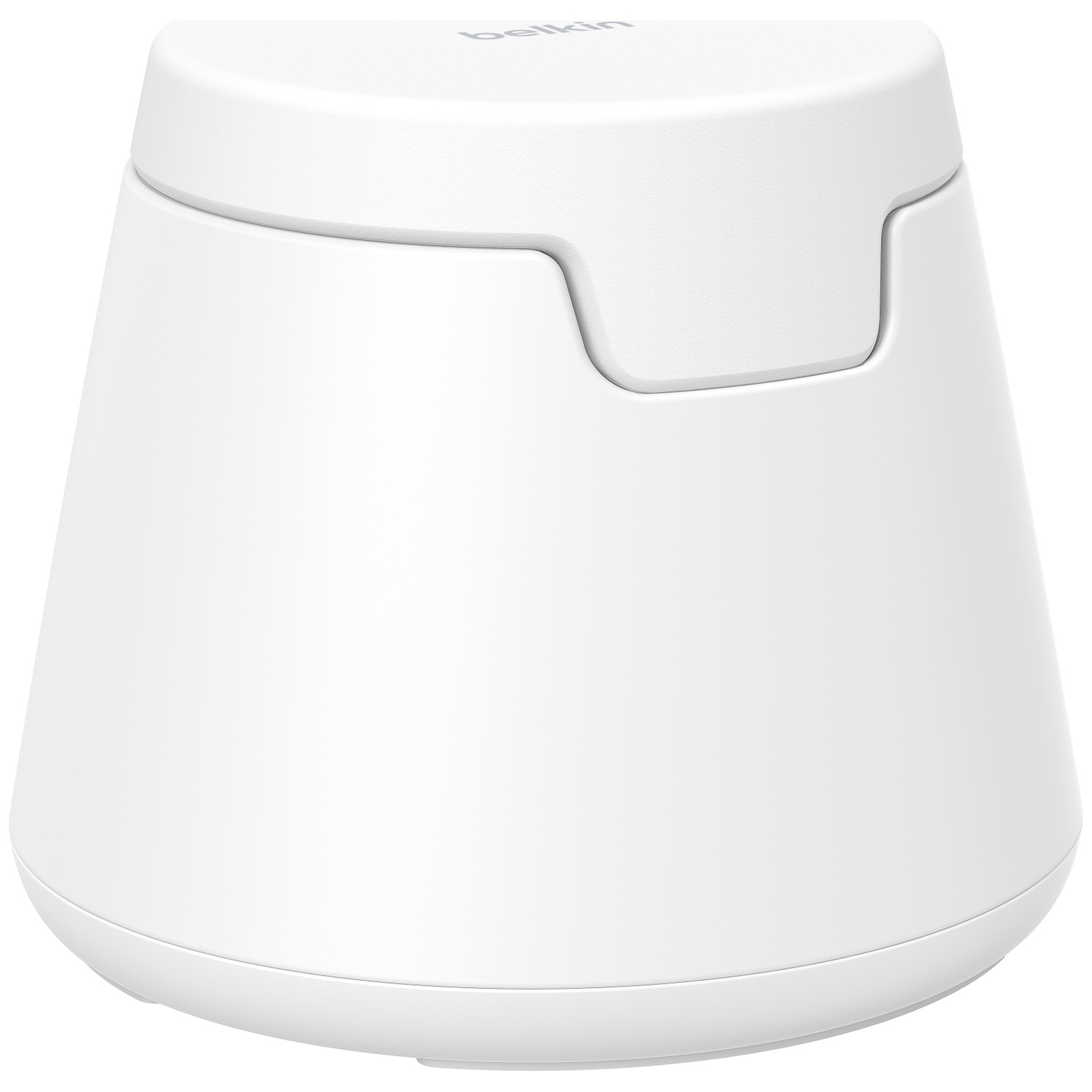 Un appareil Belkin blanc en forme de cône avec un couvercle sur une surface blanche.