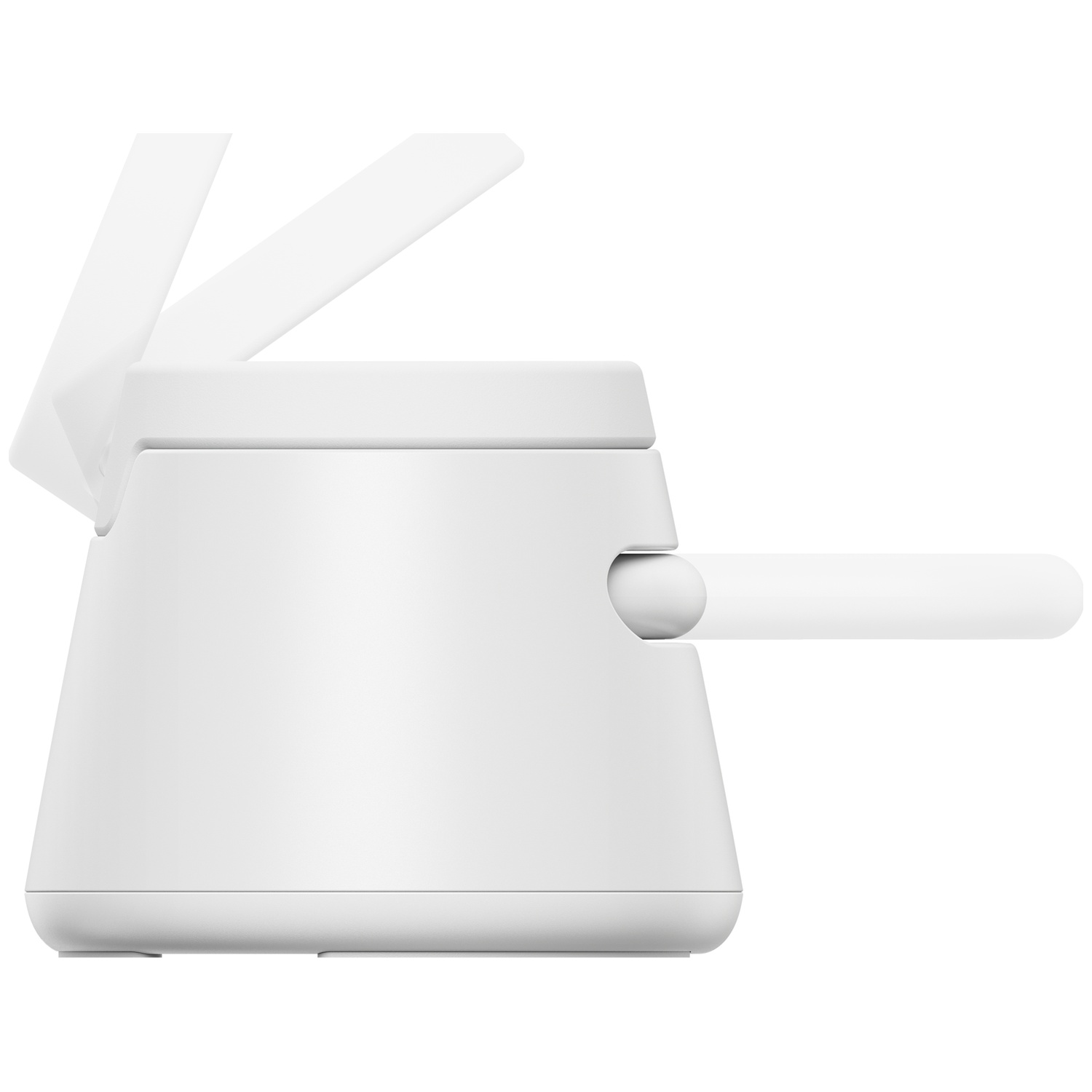 Un appareil de cuisine blanc moderne avec une poignée et des couvercles ouvrants sur fond blanc.