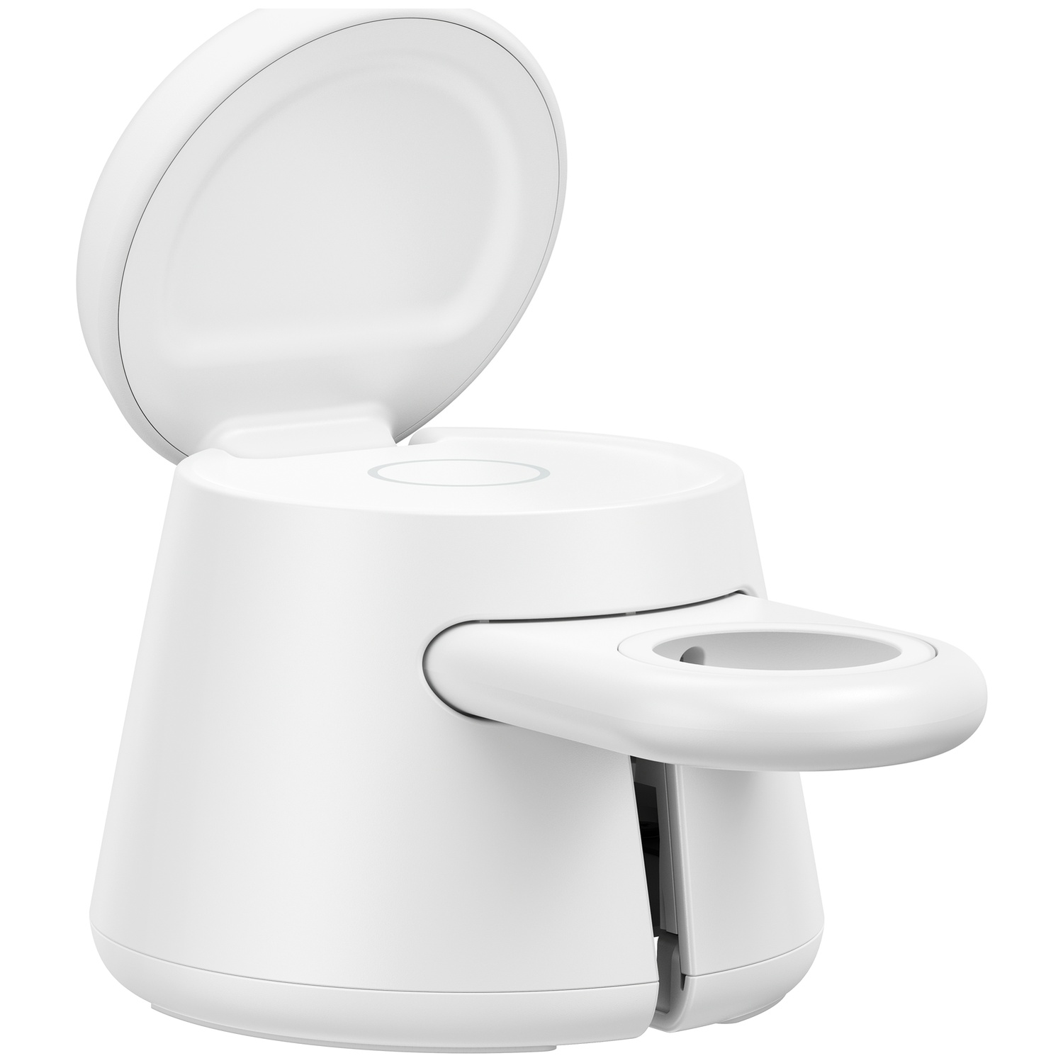 Un support de charge blanc et compact avec un couvercle ouvert et un bras étendu sur fond blanc.