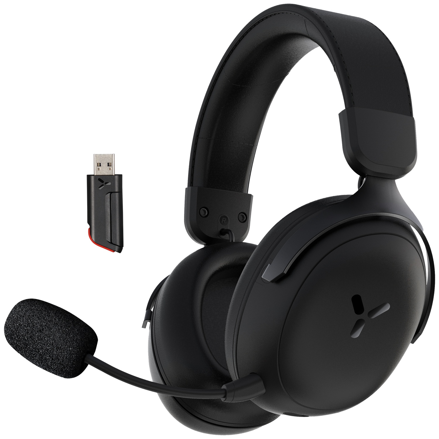 Casque de jeu sans fil noir avec perche de microphone et récepteur USB sur fond blanc.