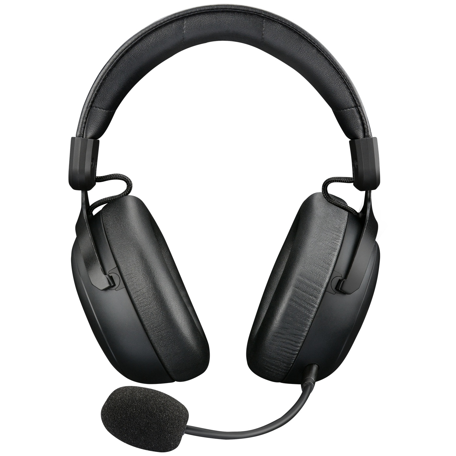 Casque supra-auriculaire noir avec arceau rembourré, coussinets d'oreille et microphone attaché sur fond blanc.