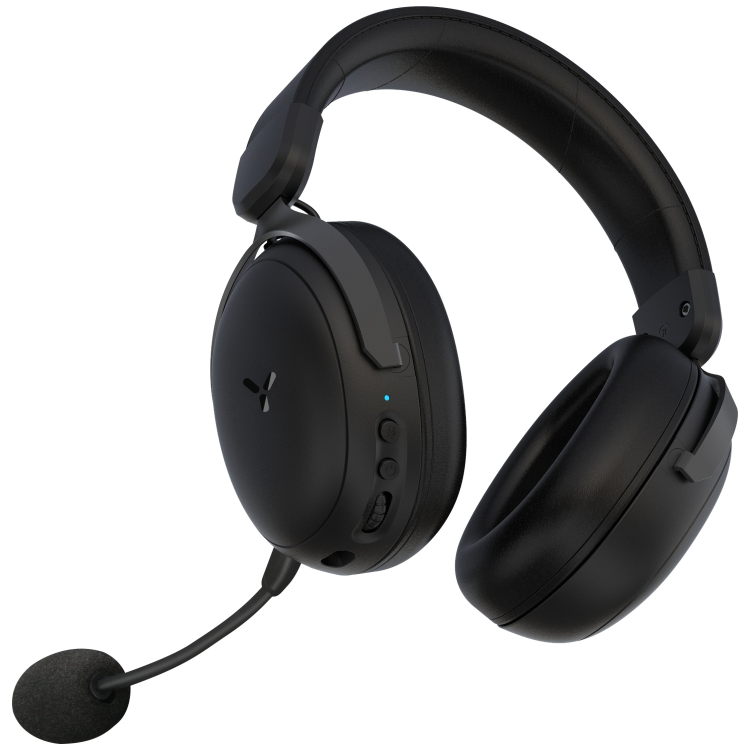 Casque supra-auriculaire noir avec arceau et microphone sur fond blanc.