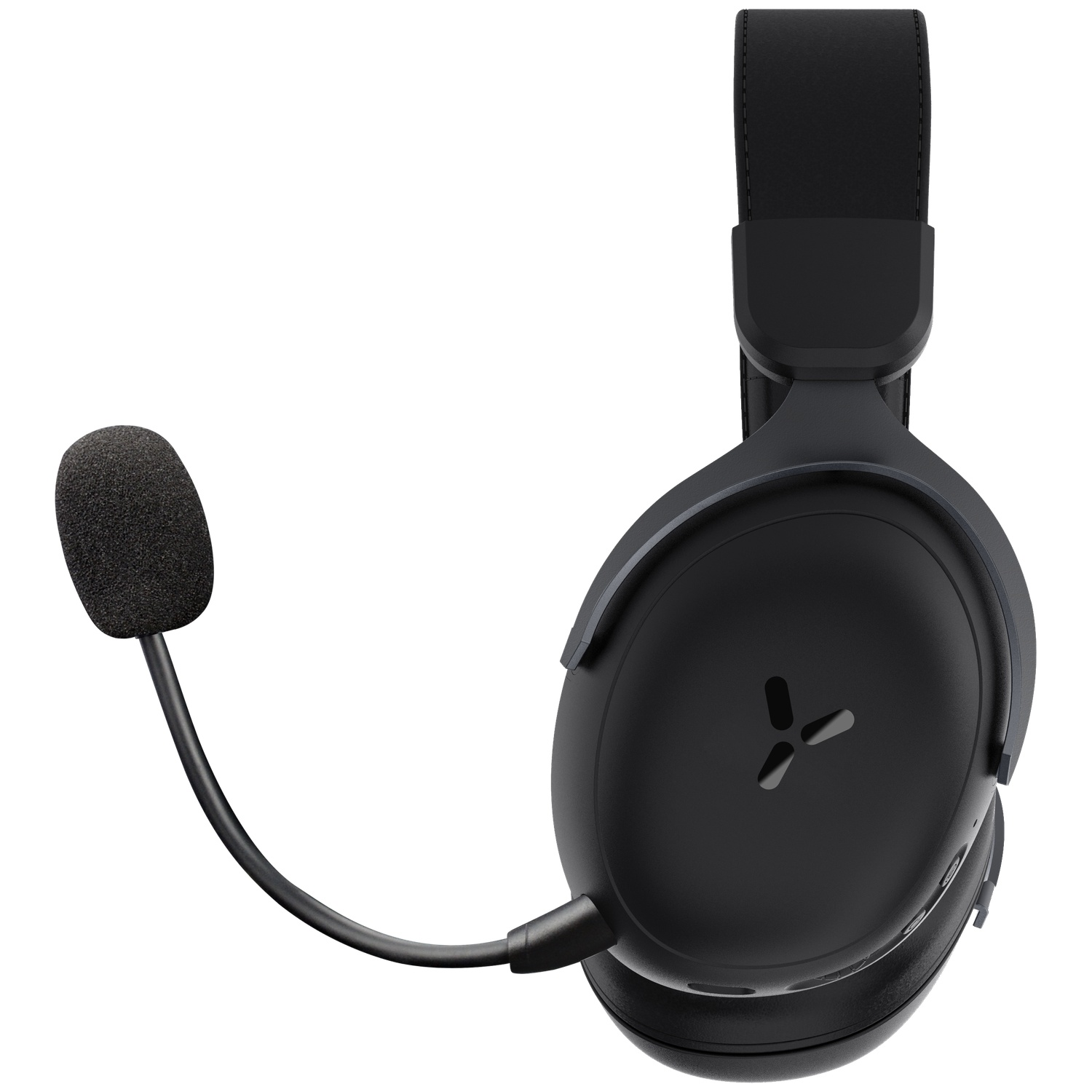 Casque noir avec arceau et microphone attaché.