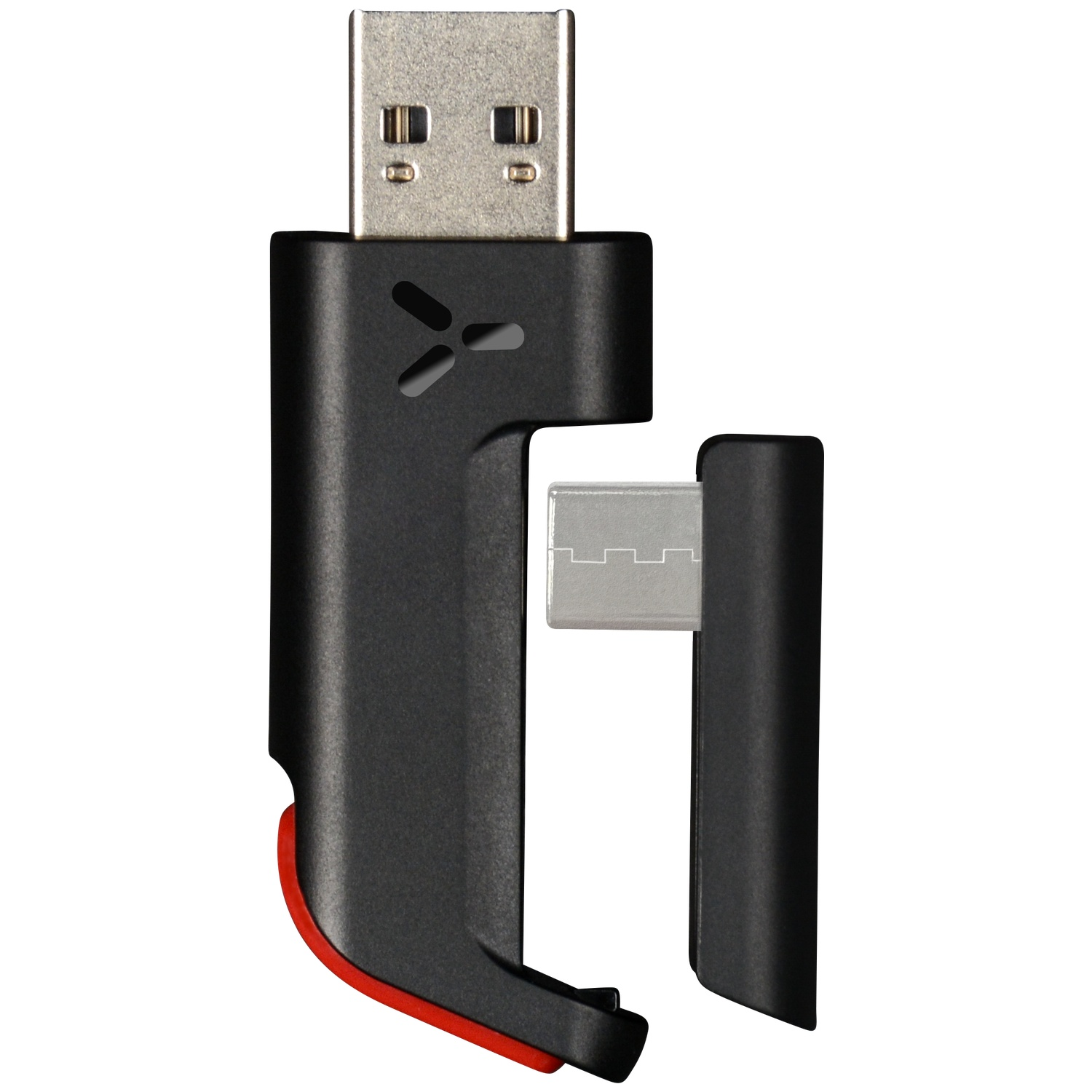 Clé USB noire avec connecteur métallique et accents rouges sur fond blanc.