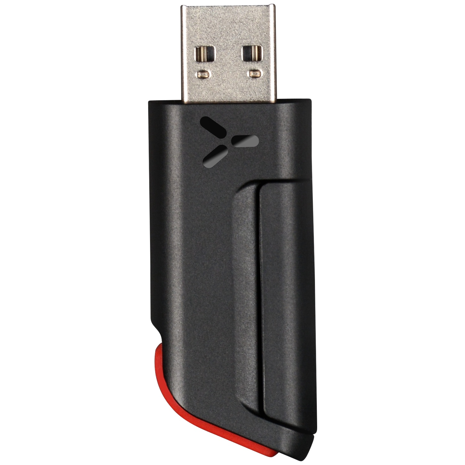 Une clé USB noire avec connecteur en métal et accent rouge.