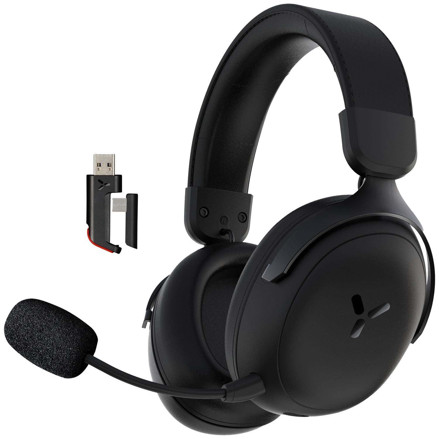 Casque sans fil noir avec microphone et récepteur USB sur fond blanc.