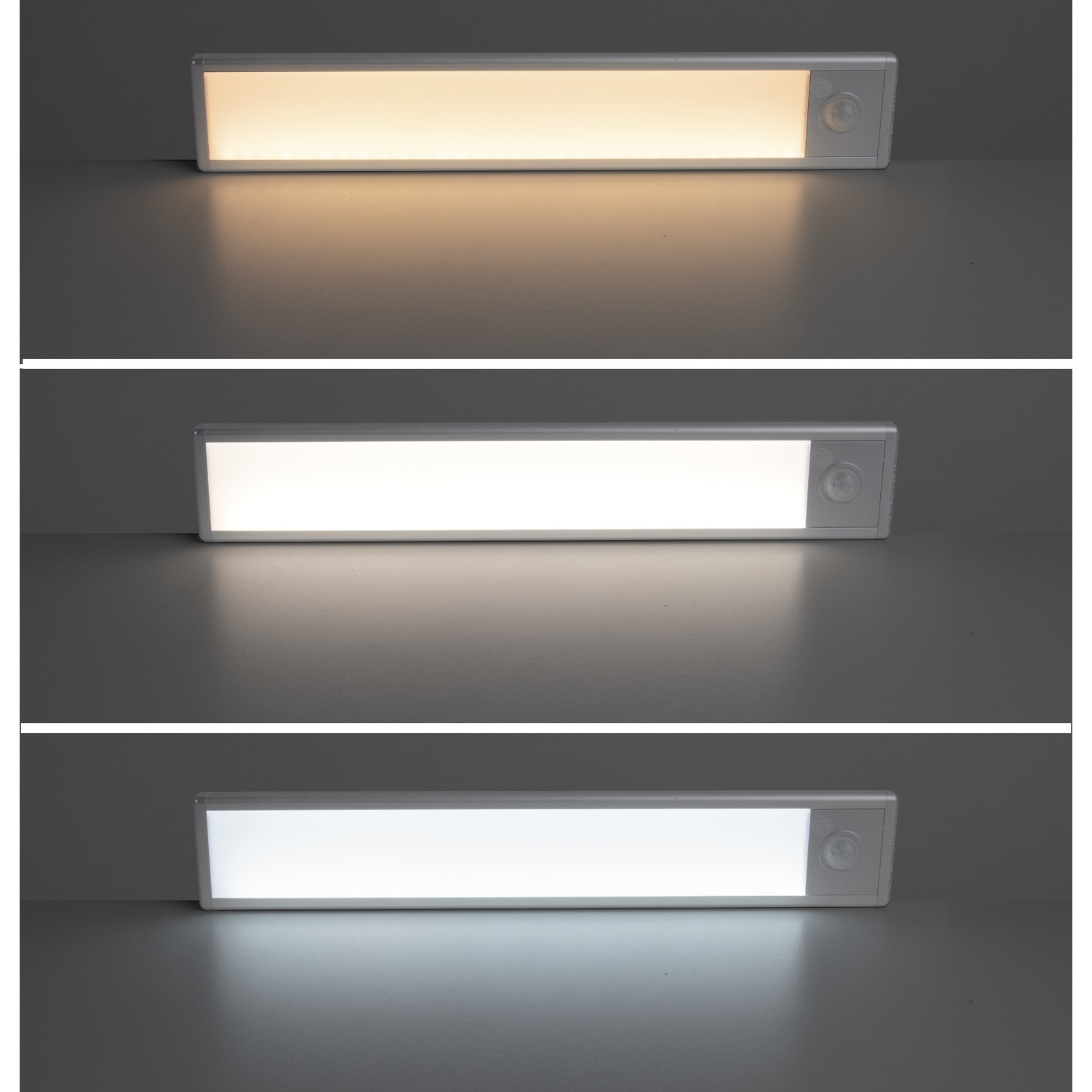 Een slanke LED-strip toont drie verschillende kleurtemperaturen: warm, neutraal en koud wit tegen een grijze achtergrond.