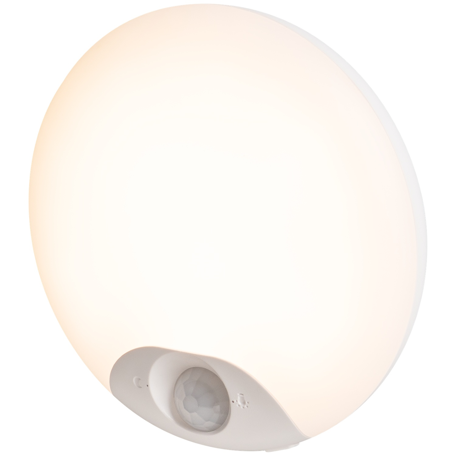 Een ronde, witte LED wandlamp met ingebouwde bewegingssensor onderaan, schijnend in een warm licht.