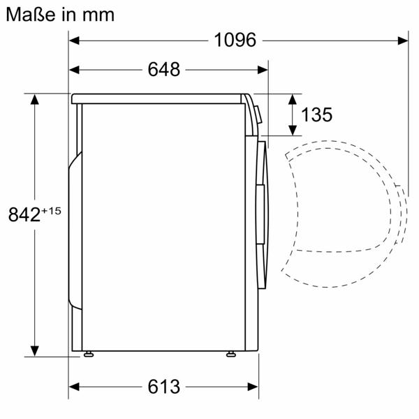 Technische Zeichnung einer Waschmaschine mit Seitenansicht und Maßangaben in Millimetern.