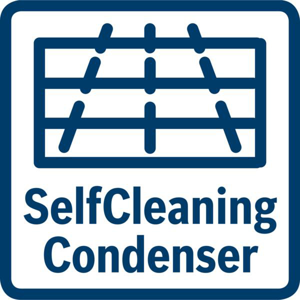 Ein blau-weißes Logo zeigt ein Kondensator-Symbol und den Text SelfCleaning Condenser.