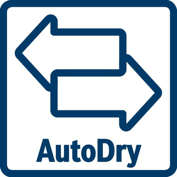 Ein blaues quadratisches Icon zeigt zwei entgegengesetzte Pfeile und den Text AutoDry.