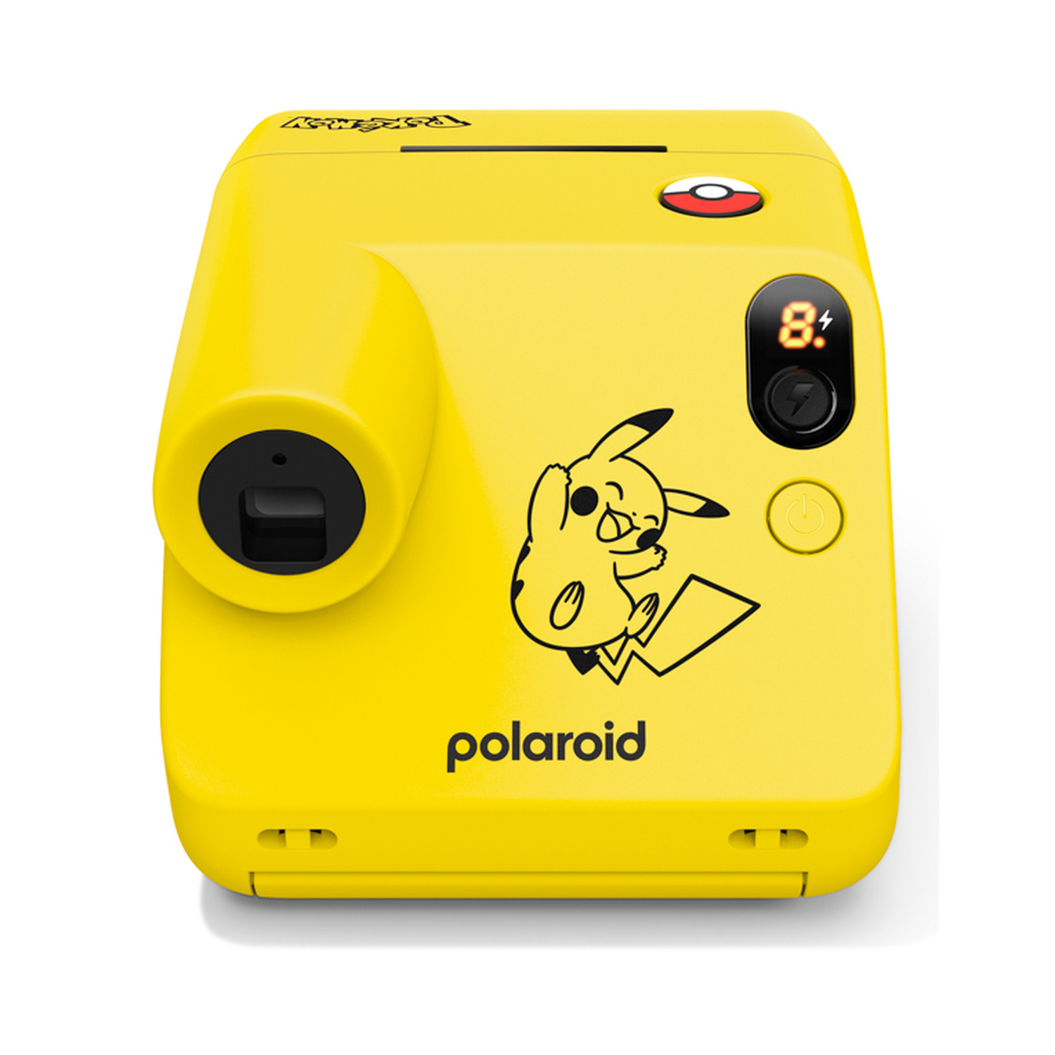 Fotocamera istantanea Polaroid gialla con stampa Pikachu e design Pokeball.