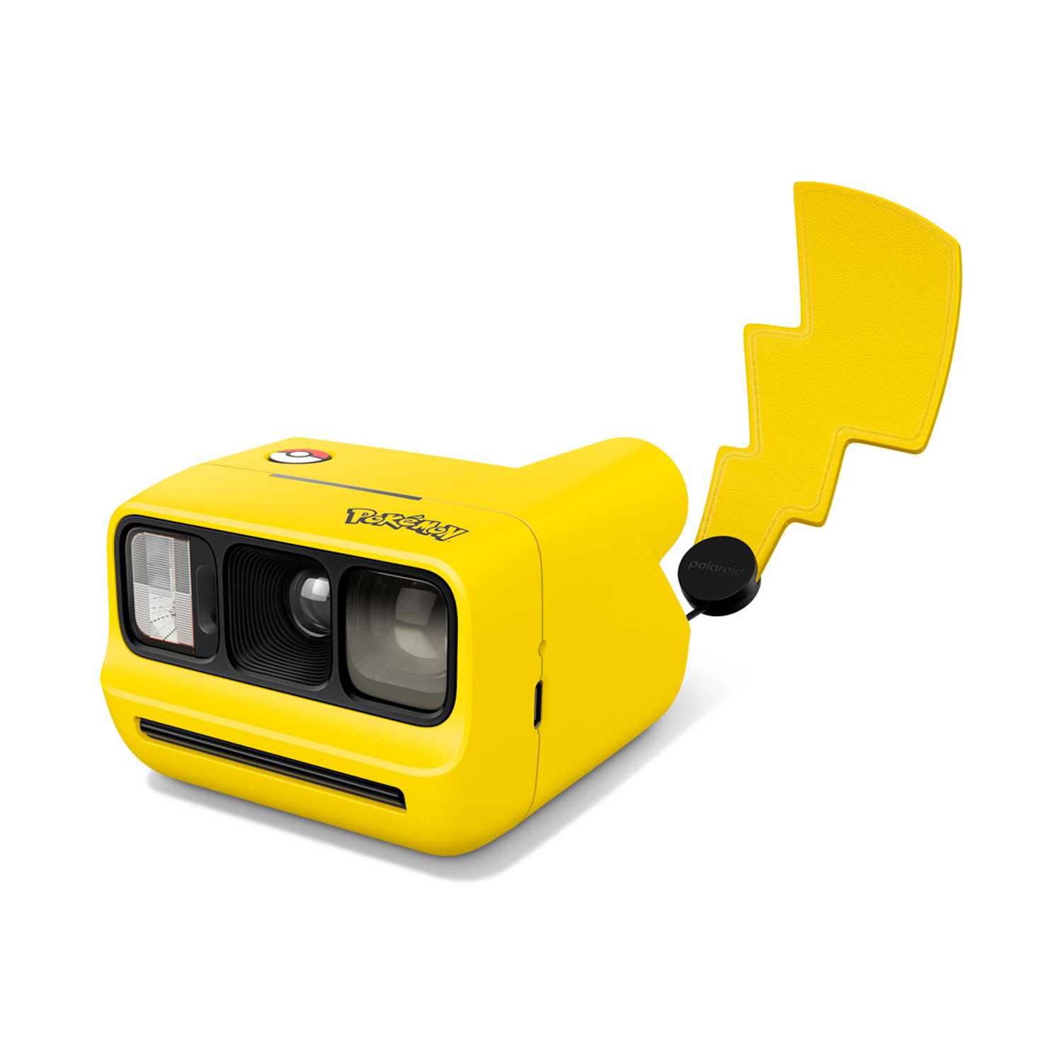 Una fotocamera Polaroid gialla a tema Pokémon con cinturino a fulmine su sfondo bianco.