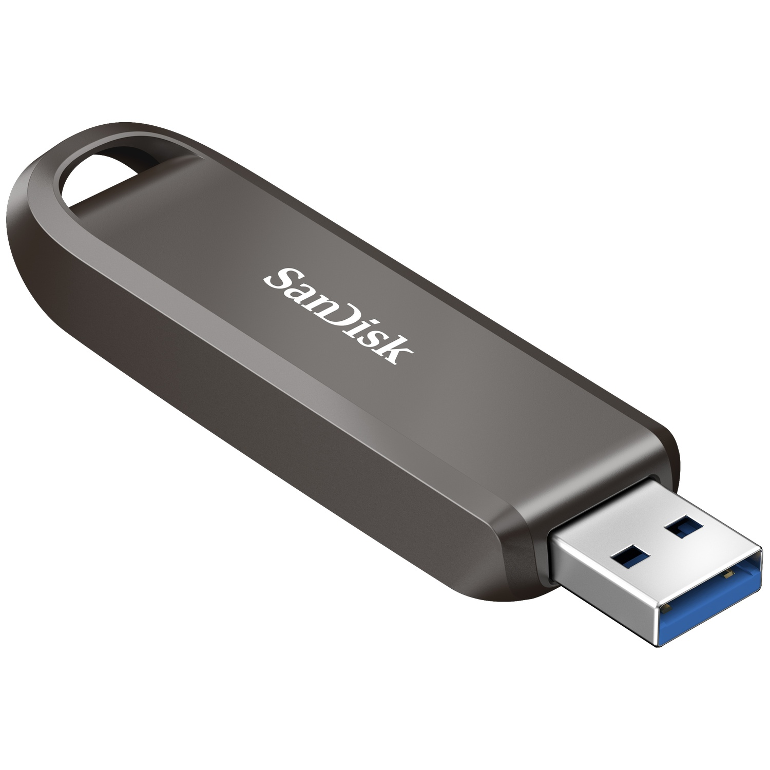 Een grijze SanDisk USB-flashdrive met een USB-A-connector op een witte achtergrond.