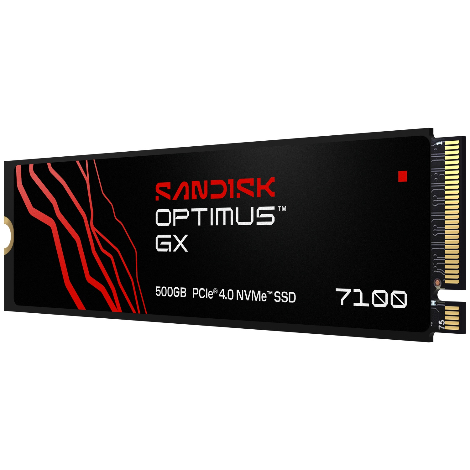 SSD NVMe PCIe 4.0 SanDisk Optimus GX 500 Go noir avec design rouge sur fond blanc.