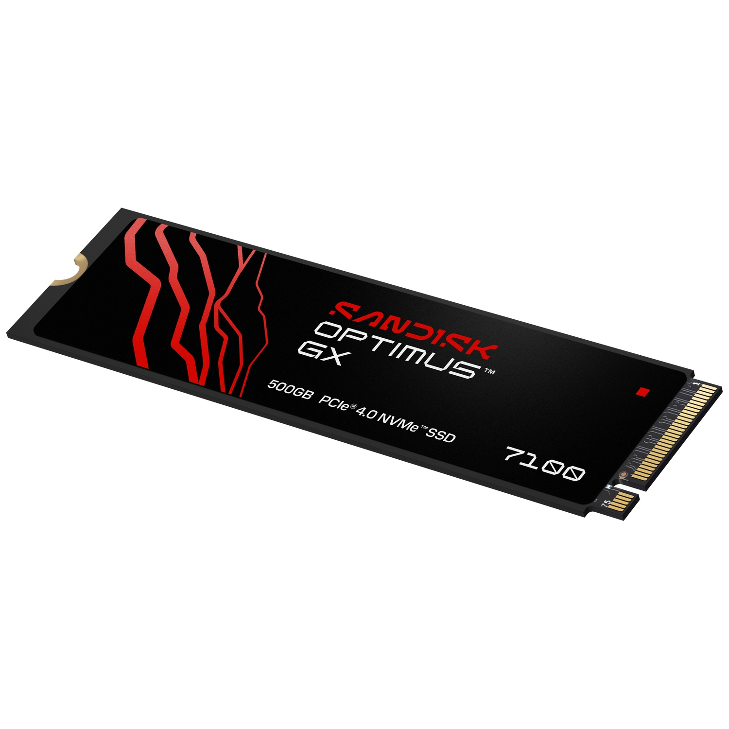 Un SSD M.2 NVMe SanDisk Optimus GX noir avec des motifs de vagues rouges sur fond blanc.