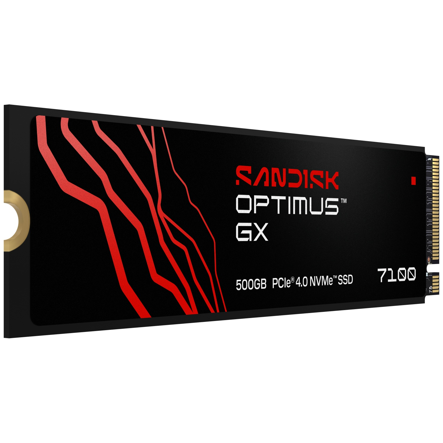 Un SSD NVMe PCIe 4.0 Sandisk Optimus GX 500 Go noir avec des graphiques de lignes rouges sur fond blanc.