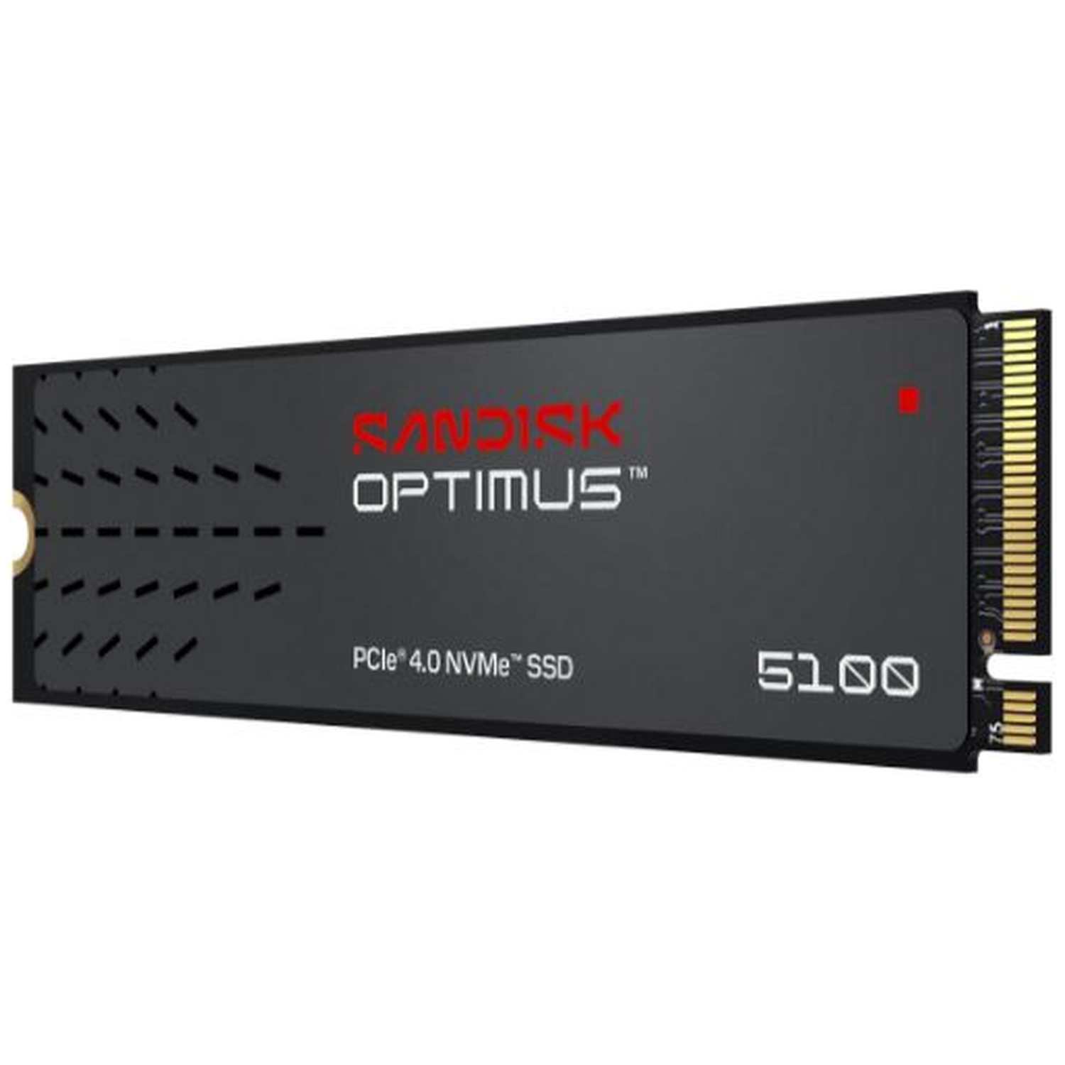 Un SSD NVMe PCIe 4.0 SanDisk Optimus noir avec du texte blanc et rouge.