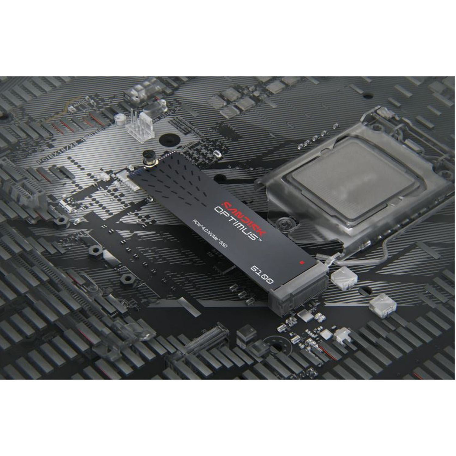 Un SSD SanDisk Optimus noir est monté sur une carte mère d'ordinateur grise.