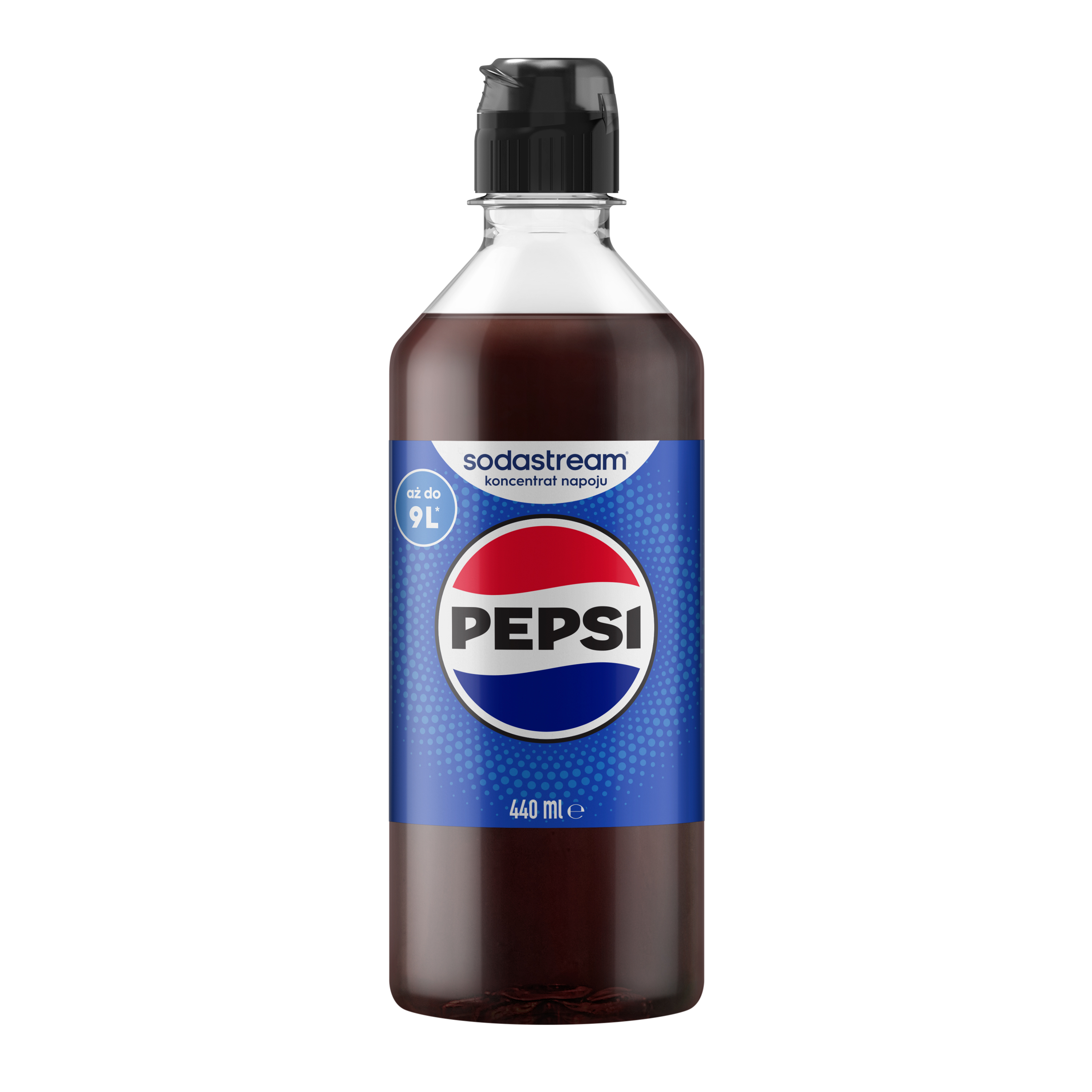 Butelka koncentratu napoju Pepsi z niebieską etykietą i czarną nakrętką na białym tle.