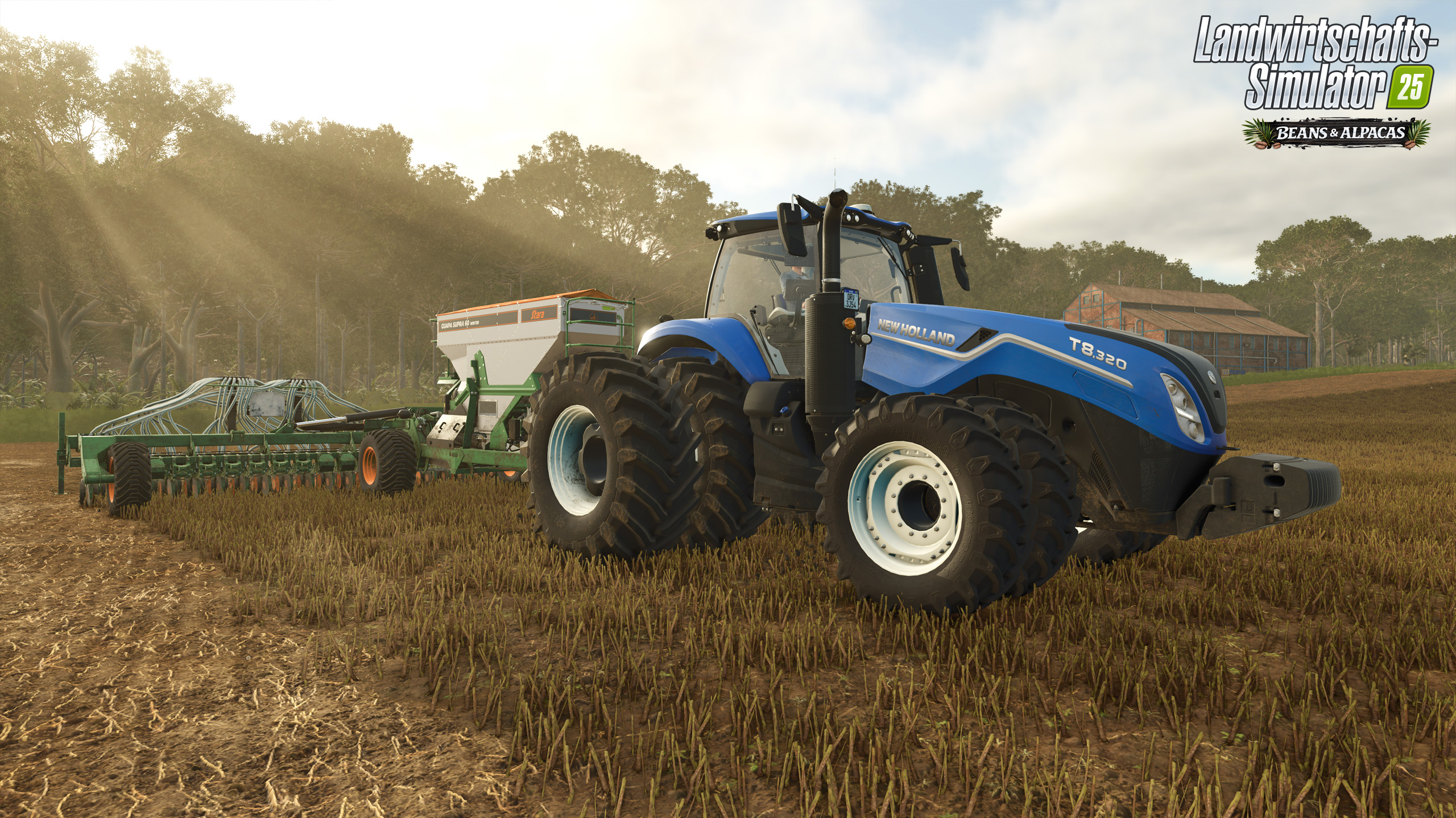 Ein blauer New Holland Traktor mit Sämaschine bearbeitet ein Stoppelfeld bei dunstigem Sonnenlicht und Bäumen im Hintergrund.