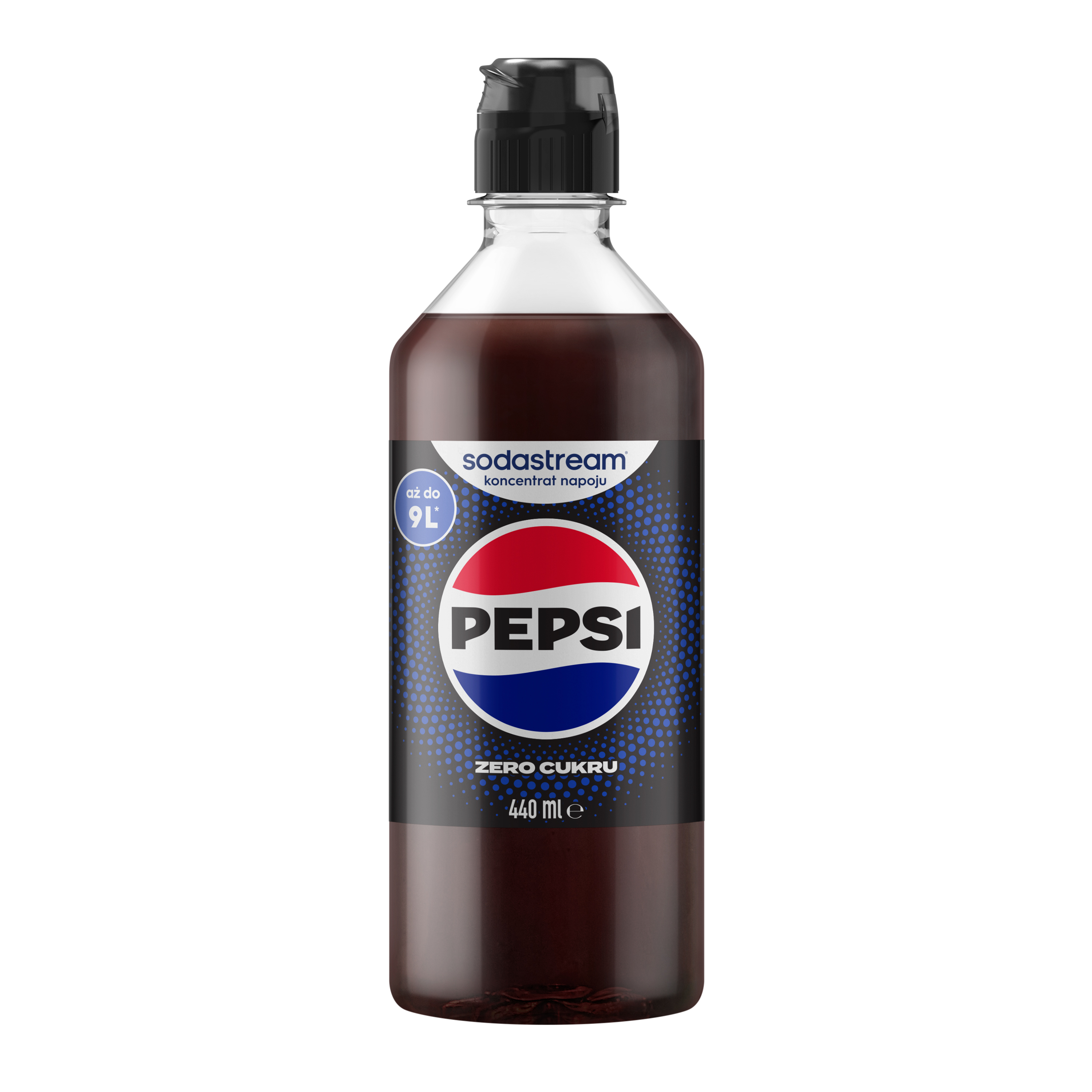 Butelka syropu SodaStream Pepsi Zero Cukru 440 ml z czarną nakrętką na białym tle.