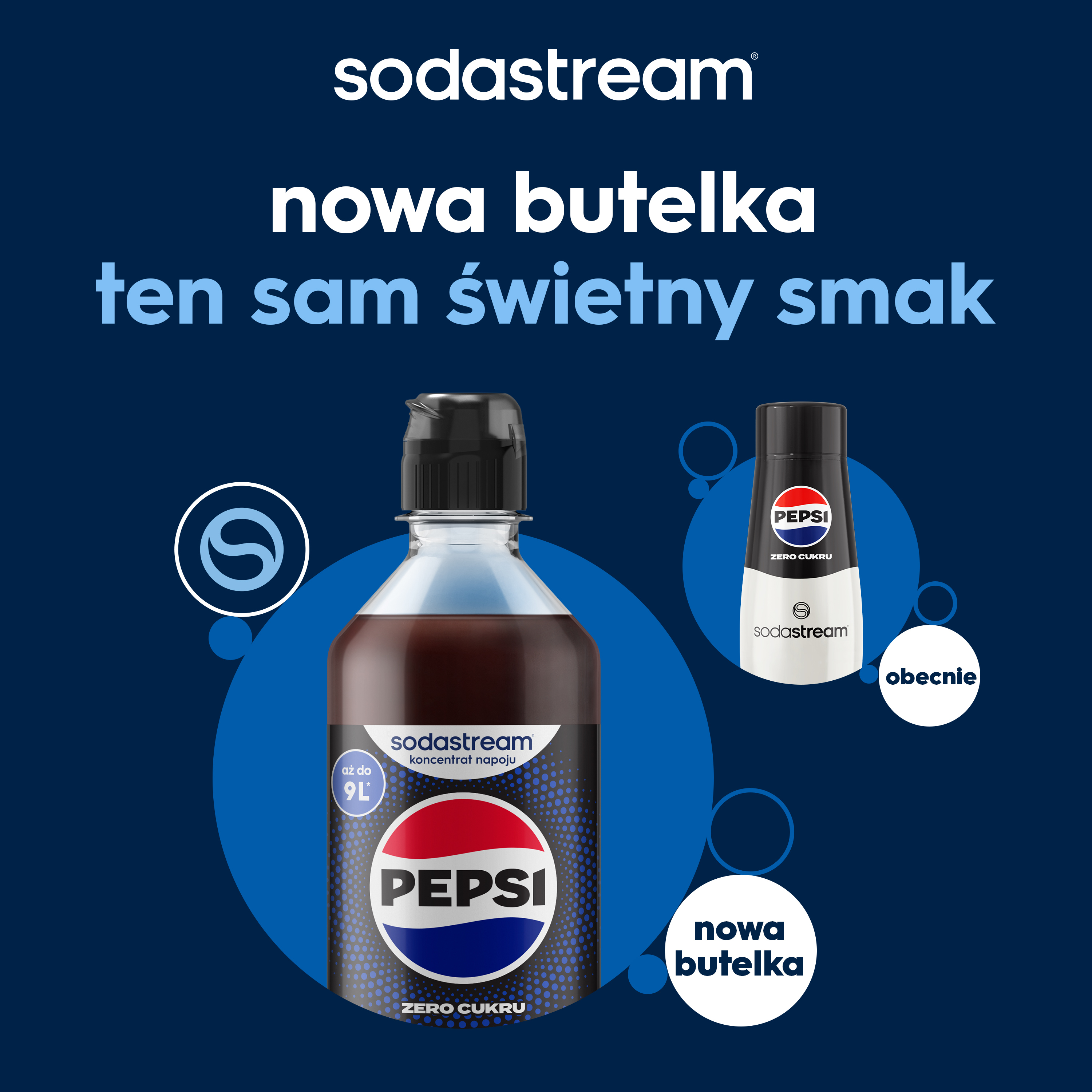 Syrop Sodastream Pepsi Zero Cukru w nowej i starej butelce na niebieskim tle z polskim tekstem.