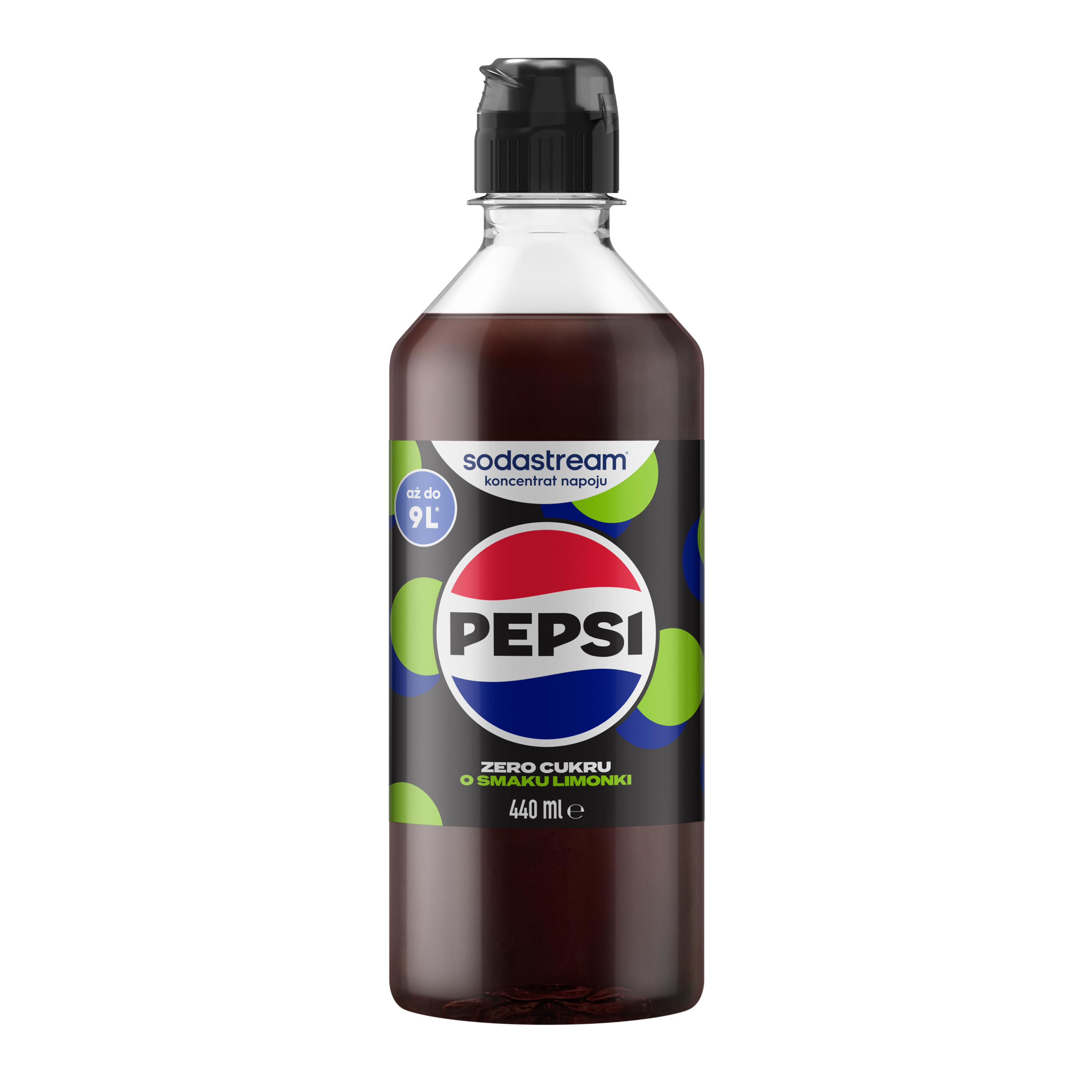 Plastikowa butelka syropu Pepsi Zero Limonka Sodastream z czarną nakrętką na białym tle.