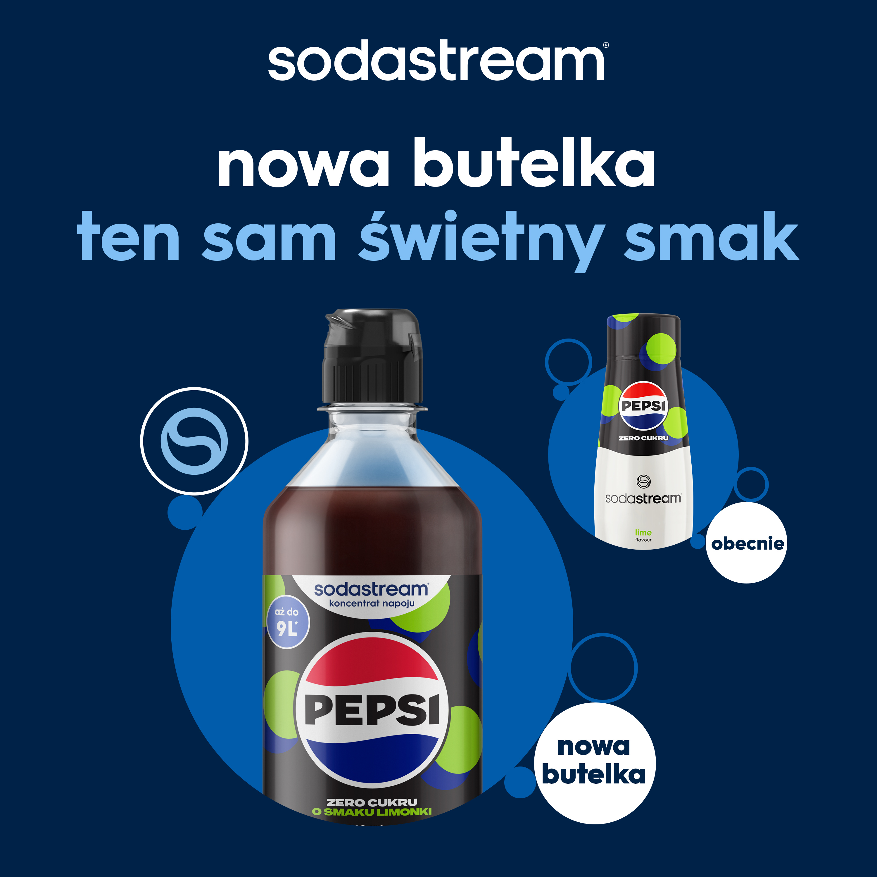 Butelka syropu Sodastream Pepsi Zero o smaku limonki na niebieskim tle z polskim tekstem.