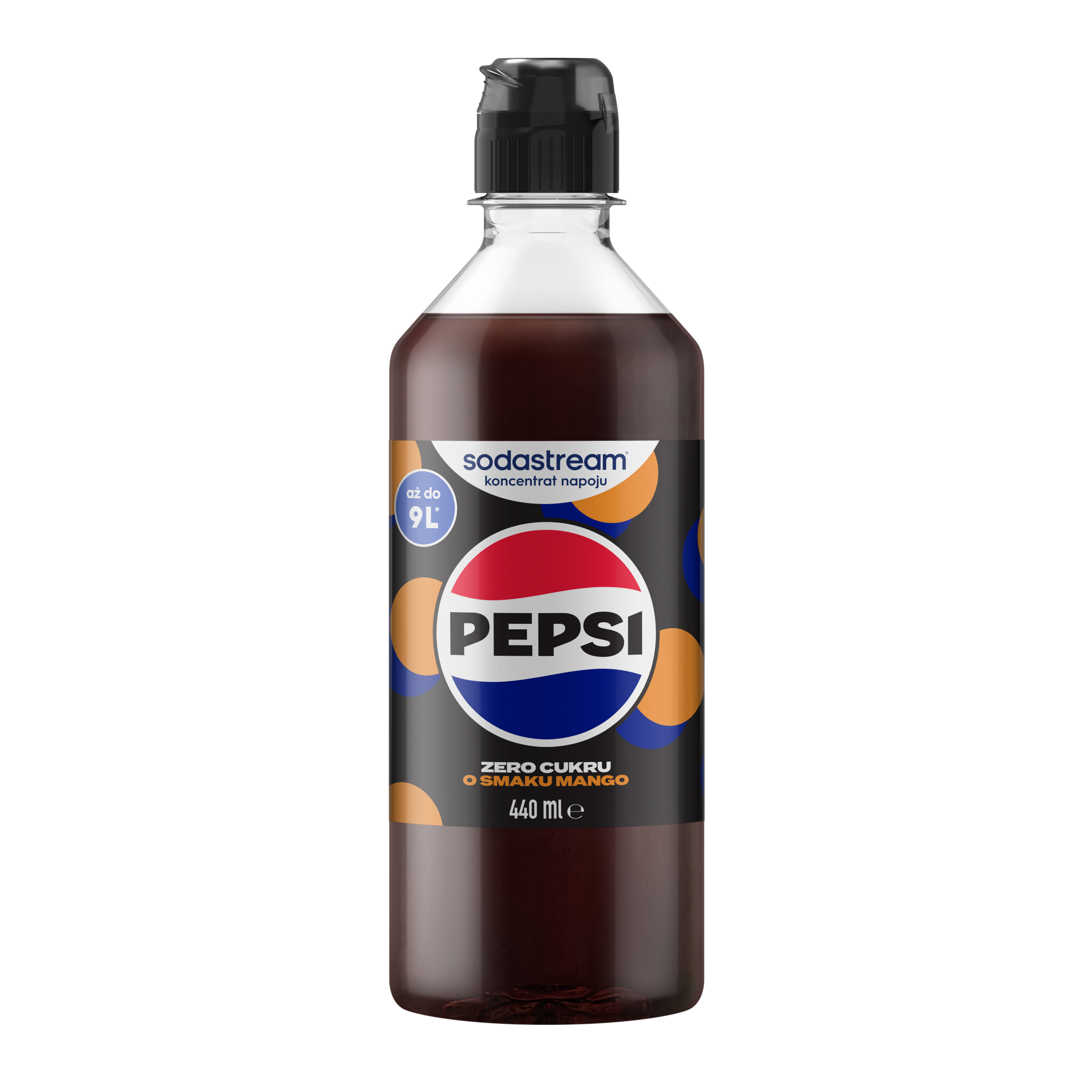 Butelka syropu Sodastream Pepsi Zero Mango, 440 ml, z czarną nakrętką na białym tle.