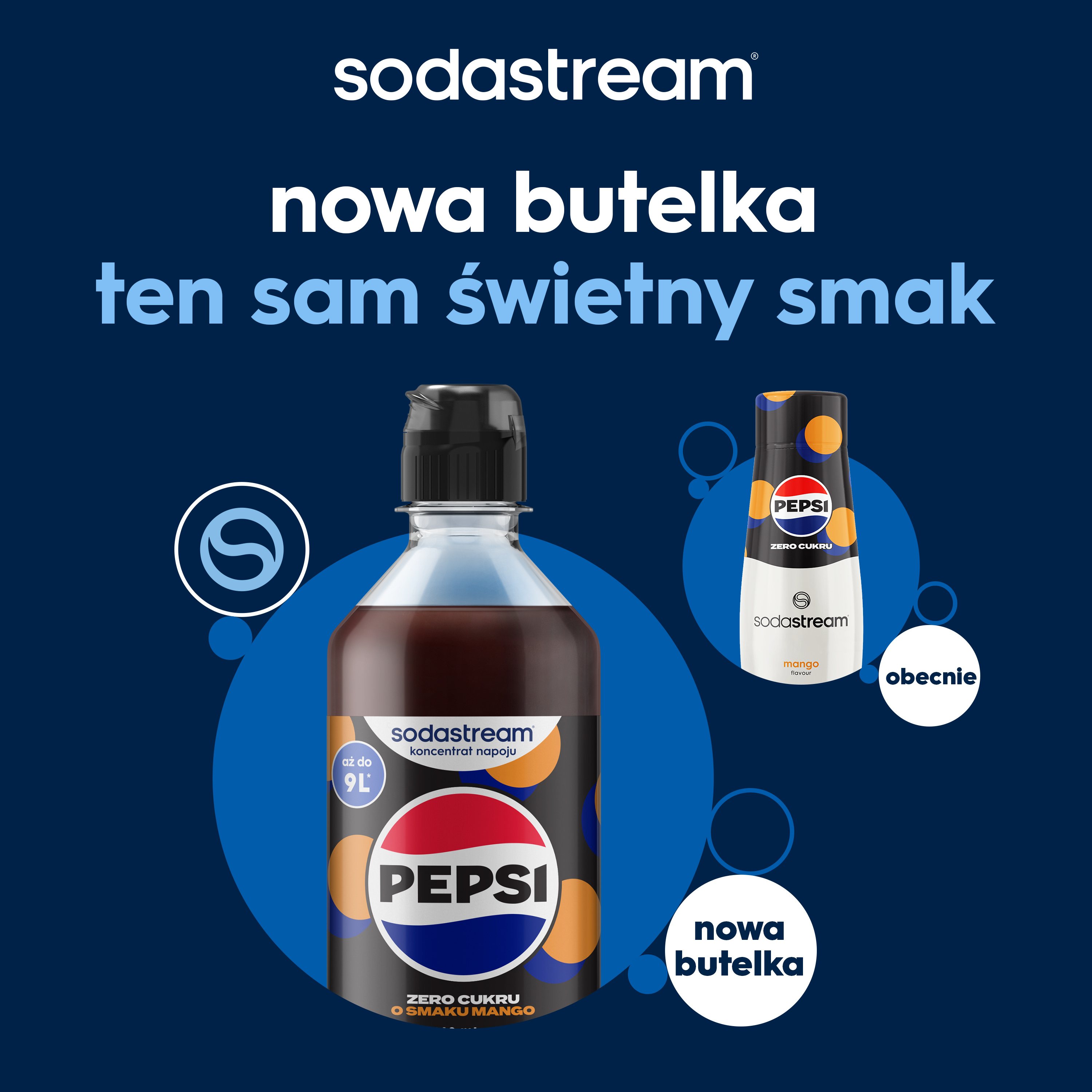 Reklama syropu Sodastream Pepsi Zero Cukru Mango na niebieskim tle z nowymi i starymi butelkami.