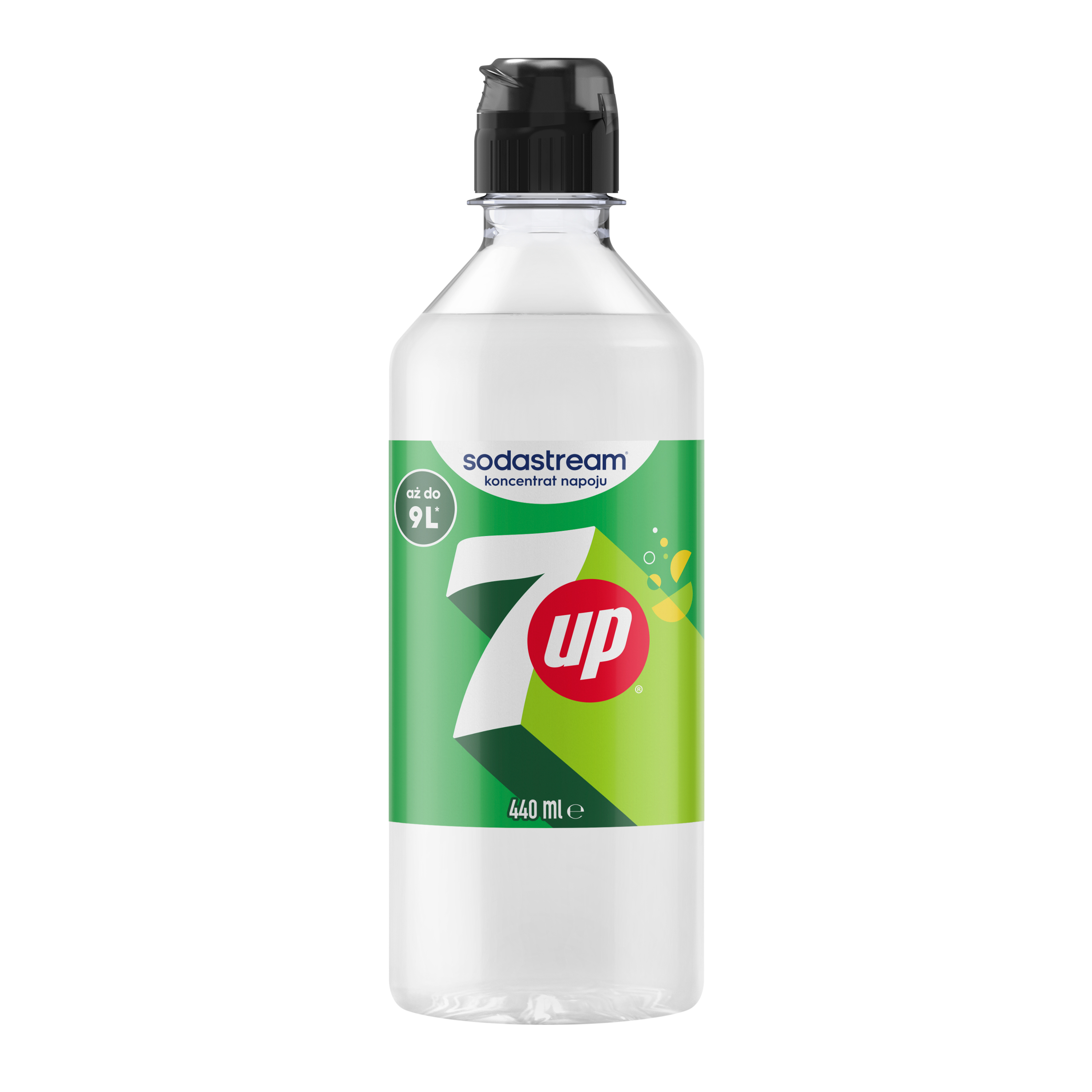Butelka syropu SodaStream 7Up o pojemności 440 ml z zieloną etykietą na białym tle.