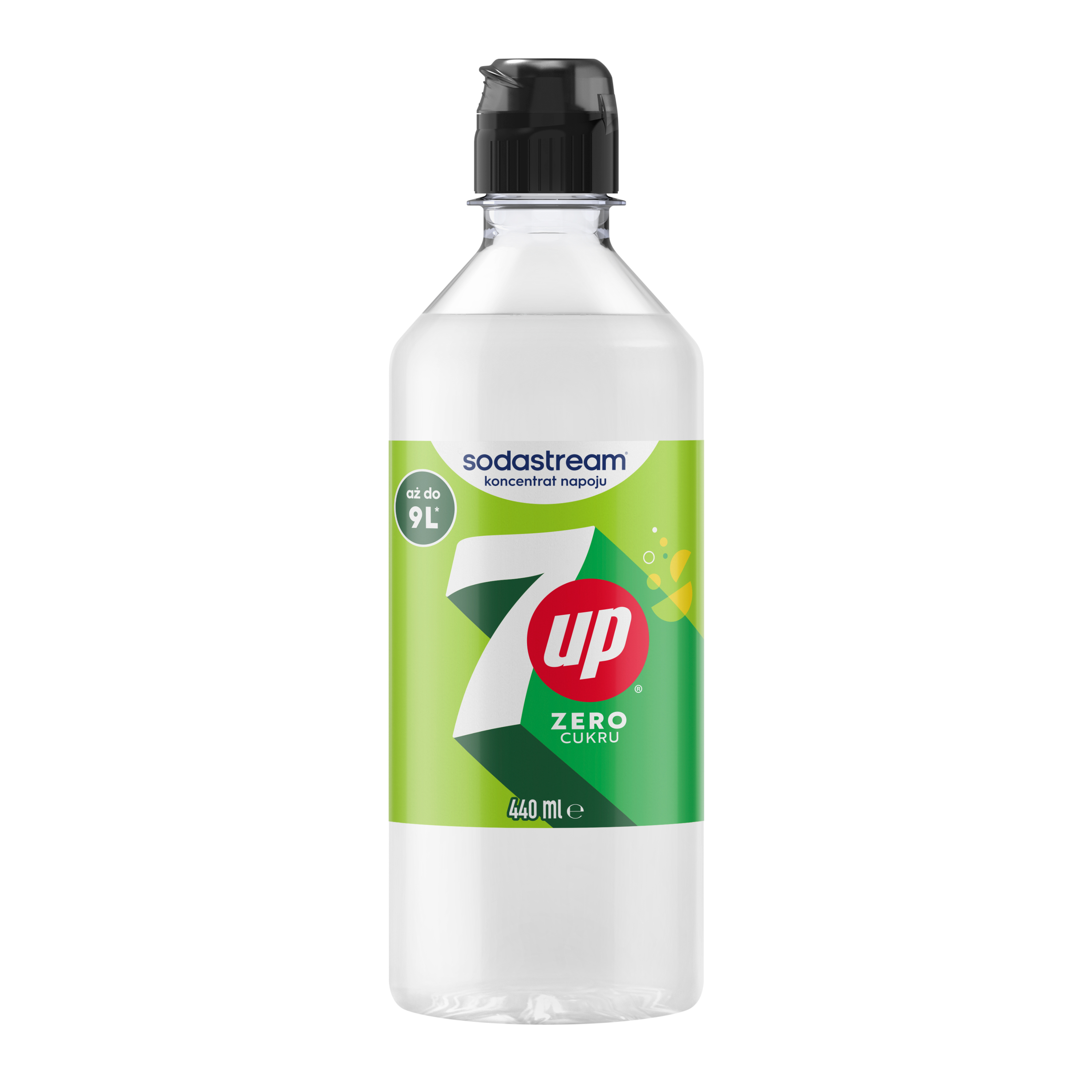 Butelka 440ml Sodastream 7Up Zero Cukru z zieloną etykietą i czarną nakrętką na białym tle.