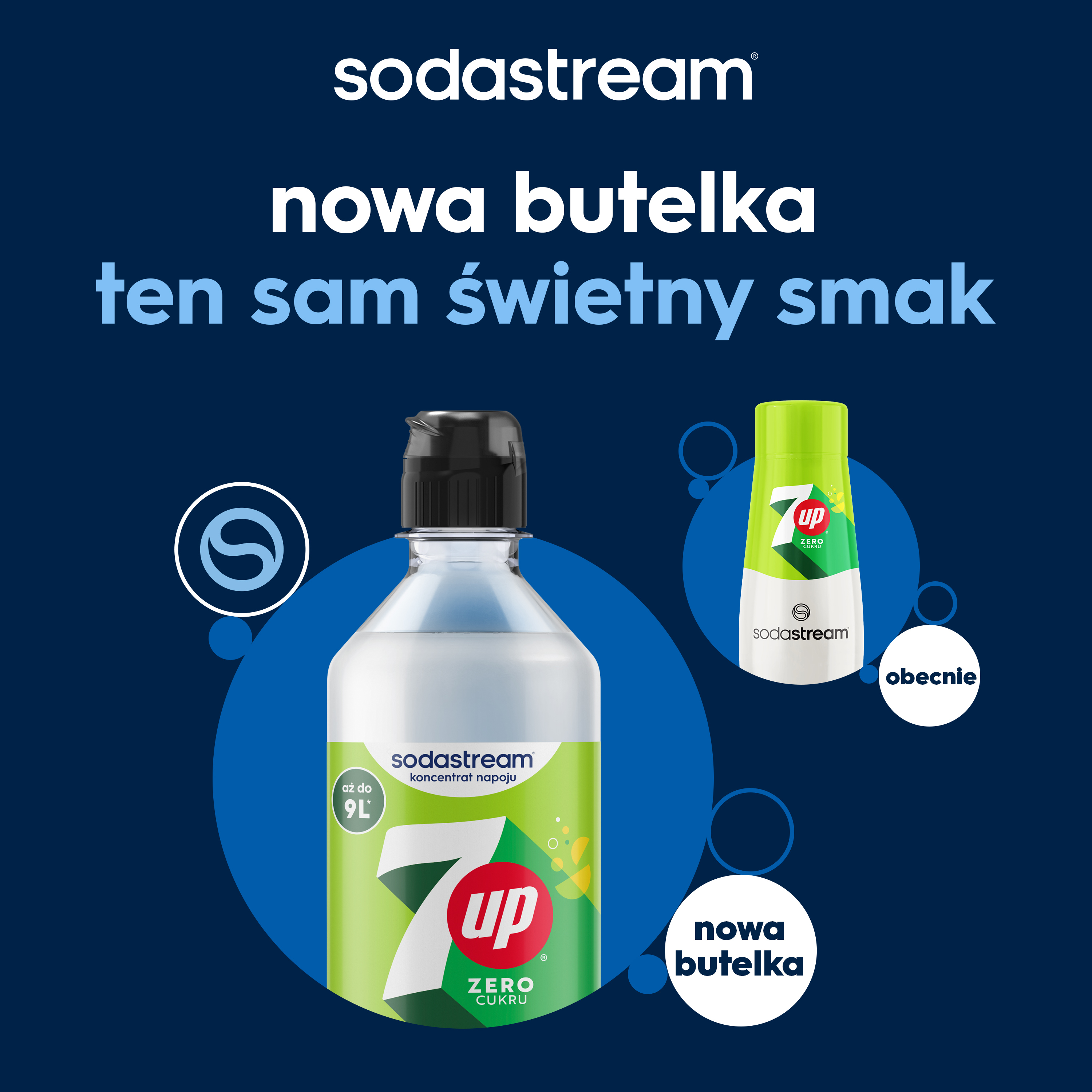 Butelka syropu Sodastream 7Up na niebieskim tle z polskim tekstem.
