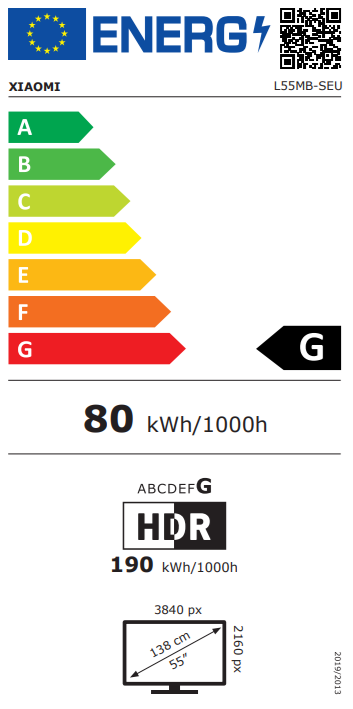 Etykieta energetyczna UE dla telewizora Xiaomi z klasą G, 80 kWh/1000h i ekranem 55 cali.