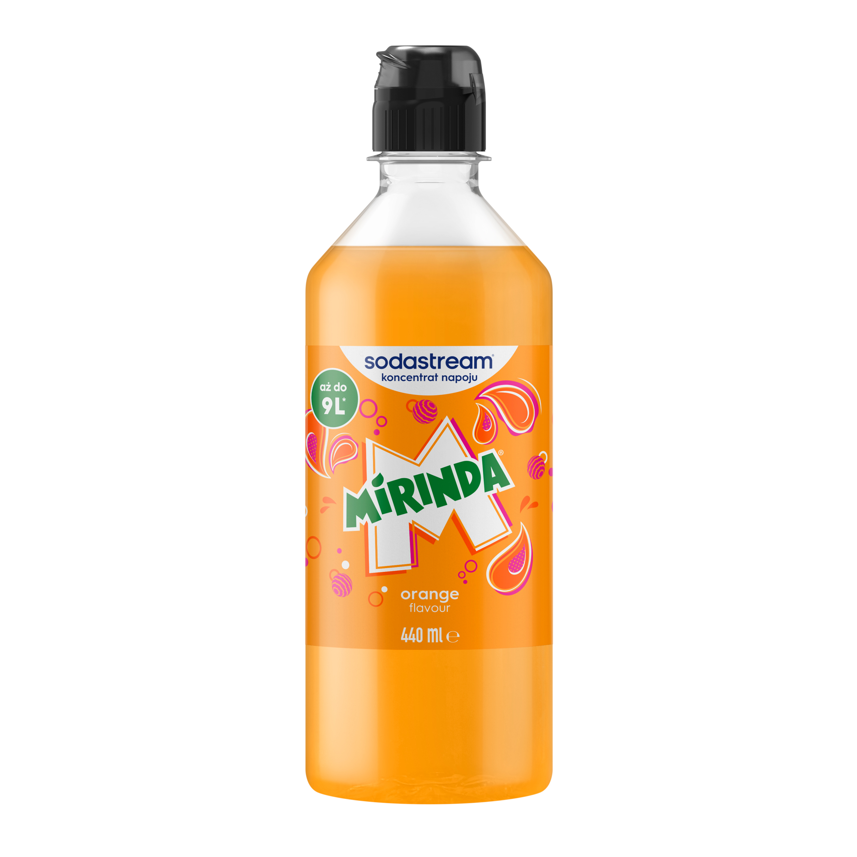 Plastikowa butelka syropu pomarańczowego Mirinda z czarną nakrętką i pojemnością 440 ml na białym tle.