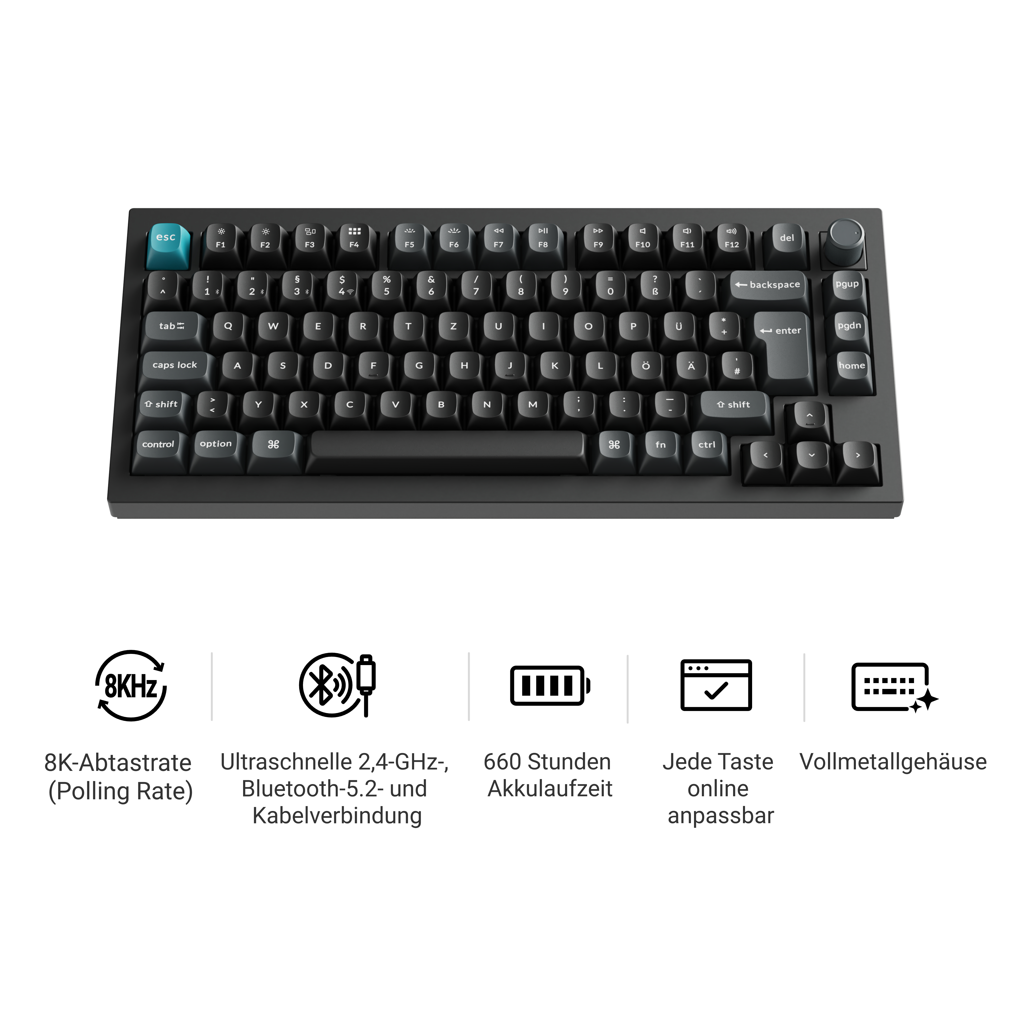 Schwarze mechanische Tastatur mit blauem Esc-Key und fünf Icons mit Features wie 8K-Abtastrate und Akkulaufzeit.