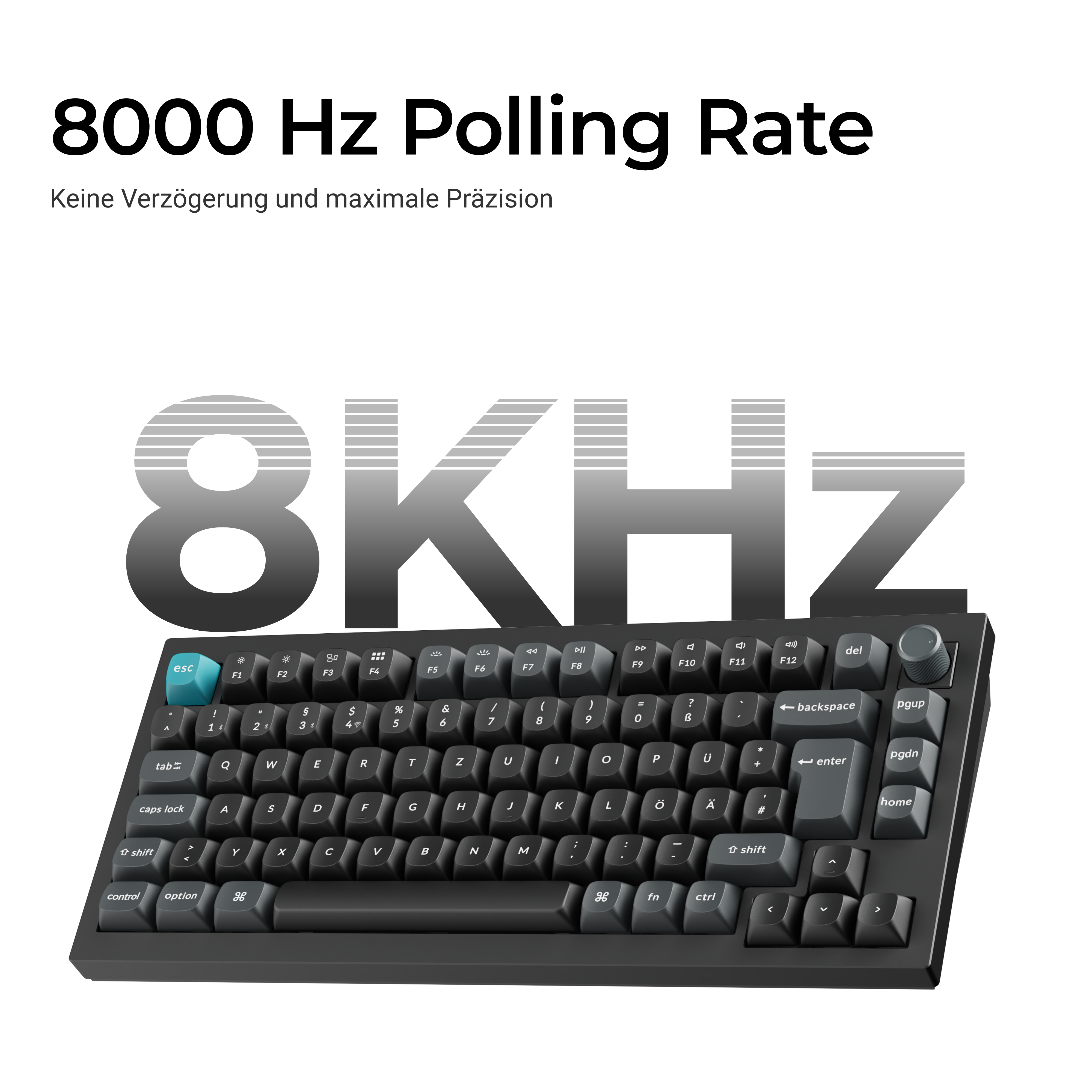 Eine schwarze mechanische Tastatur mit deutschem Layout und türkiser Escape-Taste unter großem 8KHz-Text.