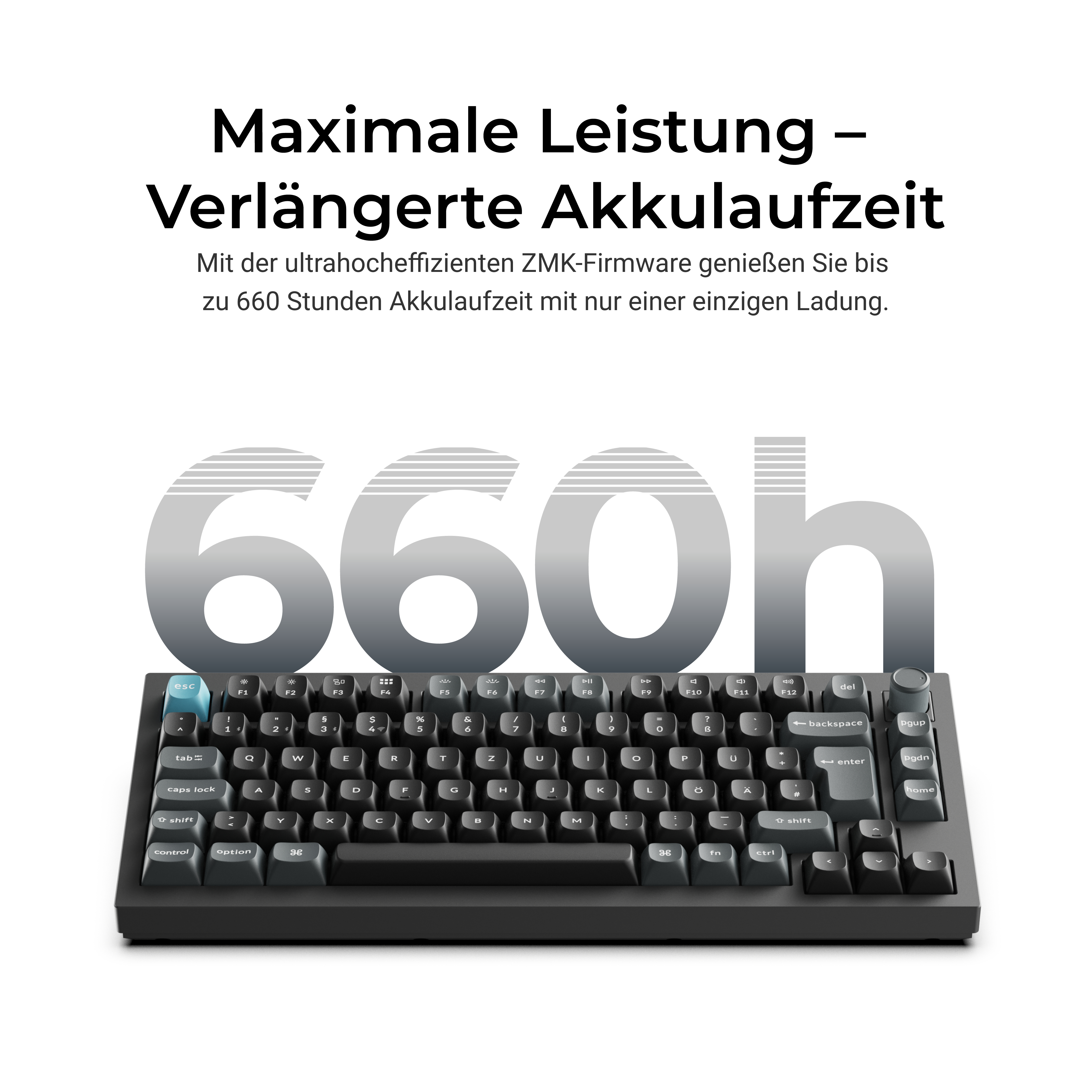 Eine schwarze Tastatur mit blauer Esc-Taste und großem Text '660h' im Hintergrund, der die Akkulaufzeit hervorhebt.