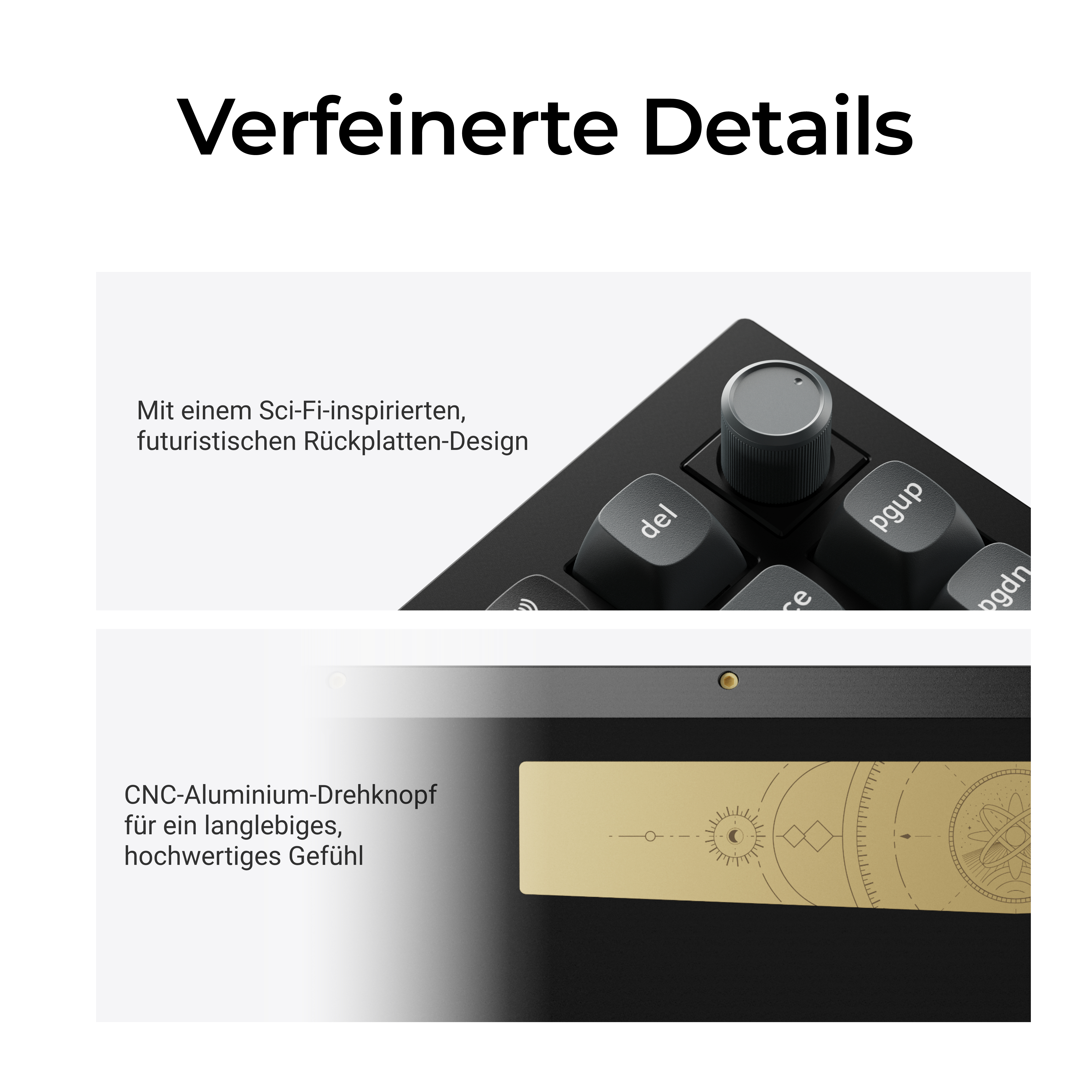 Nahaufnahme einer schwarzen Tastatur mit silbernem Drehregler und goldener Sci-Fi-Grafik.