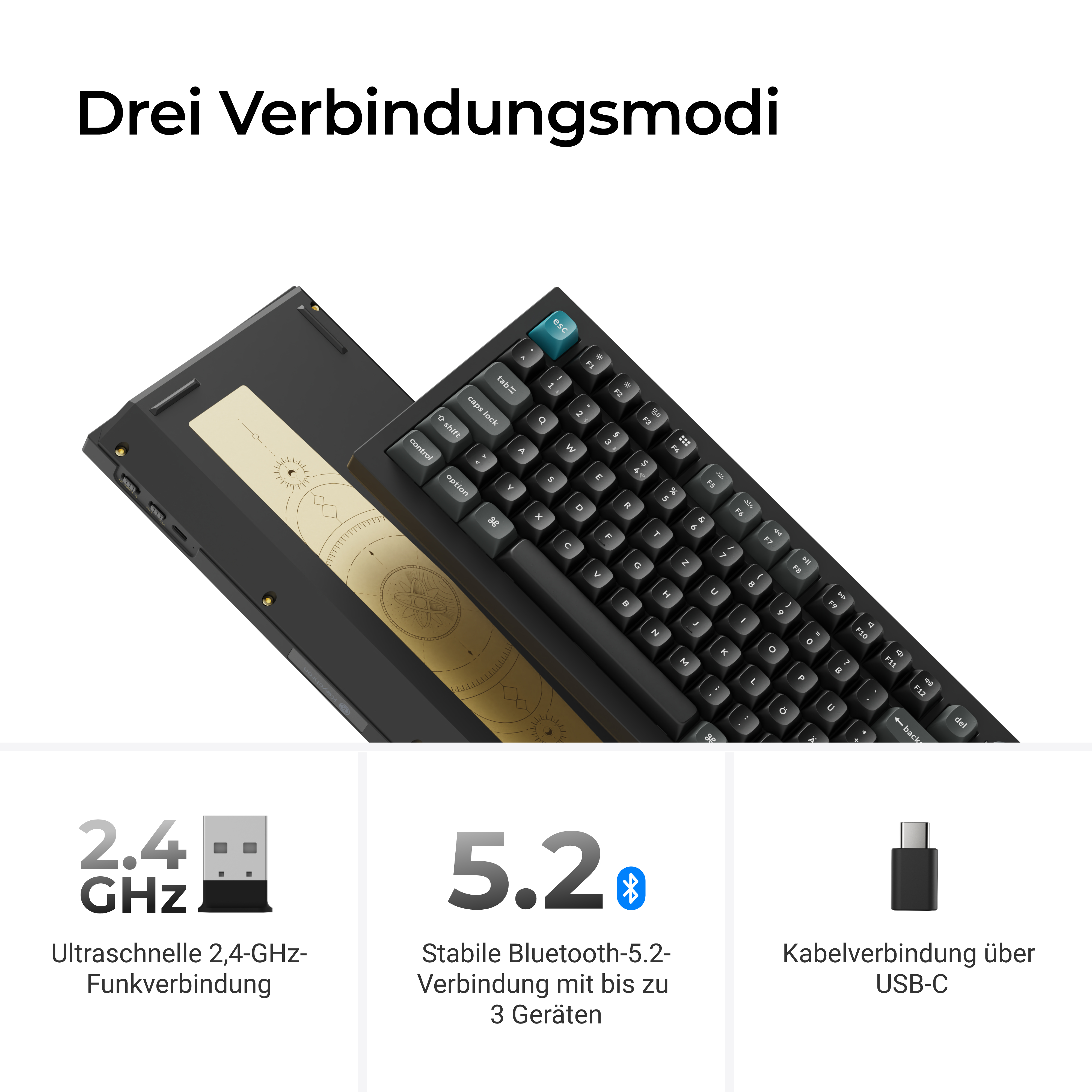Drei Verbindungsmodi: 2,4-GHz-Funk, Bluetooth 5.2 und USB-C für eine mechanische Tastatur.