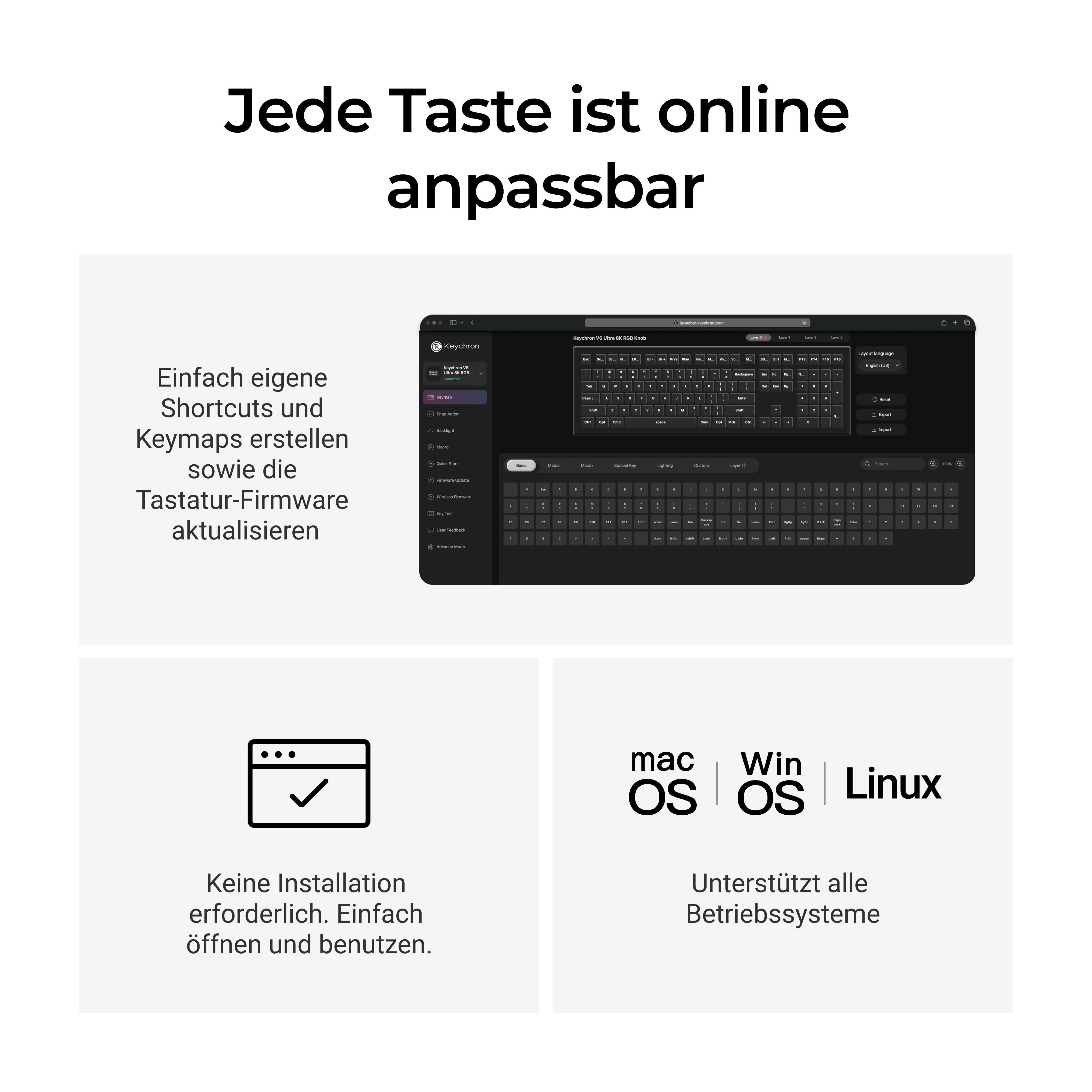 Anpassbare Tastatur-Software mit Web-Interface, kompatibel mit Mac, Windows und Linux.