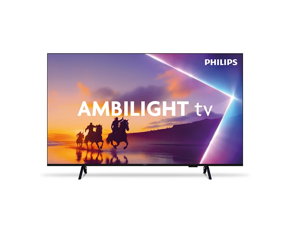 Ein Philips Ambilight Fernseher zeigt drei Reiter bei Sonnenuntergang und den Schriftzug 'AMBILIGHT tv'.