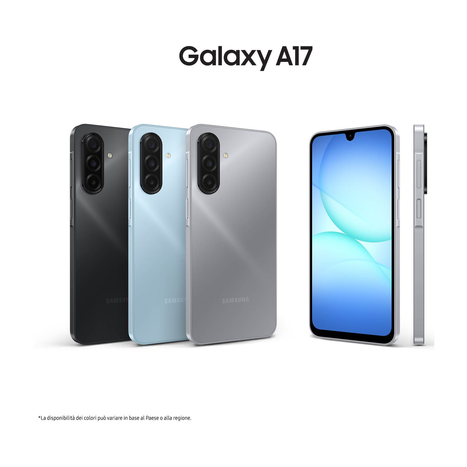 Smartphone Galaxy A17 in nero, azzurro e argento, mostrati da davanti e da dietro.