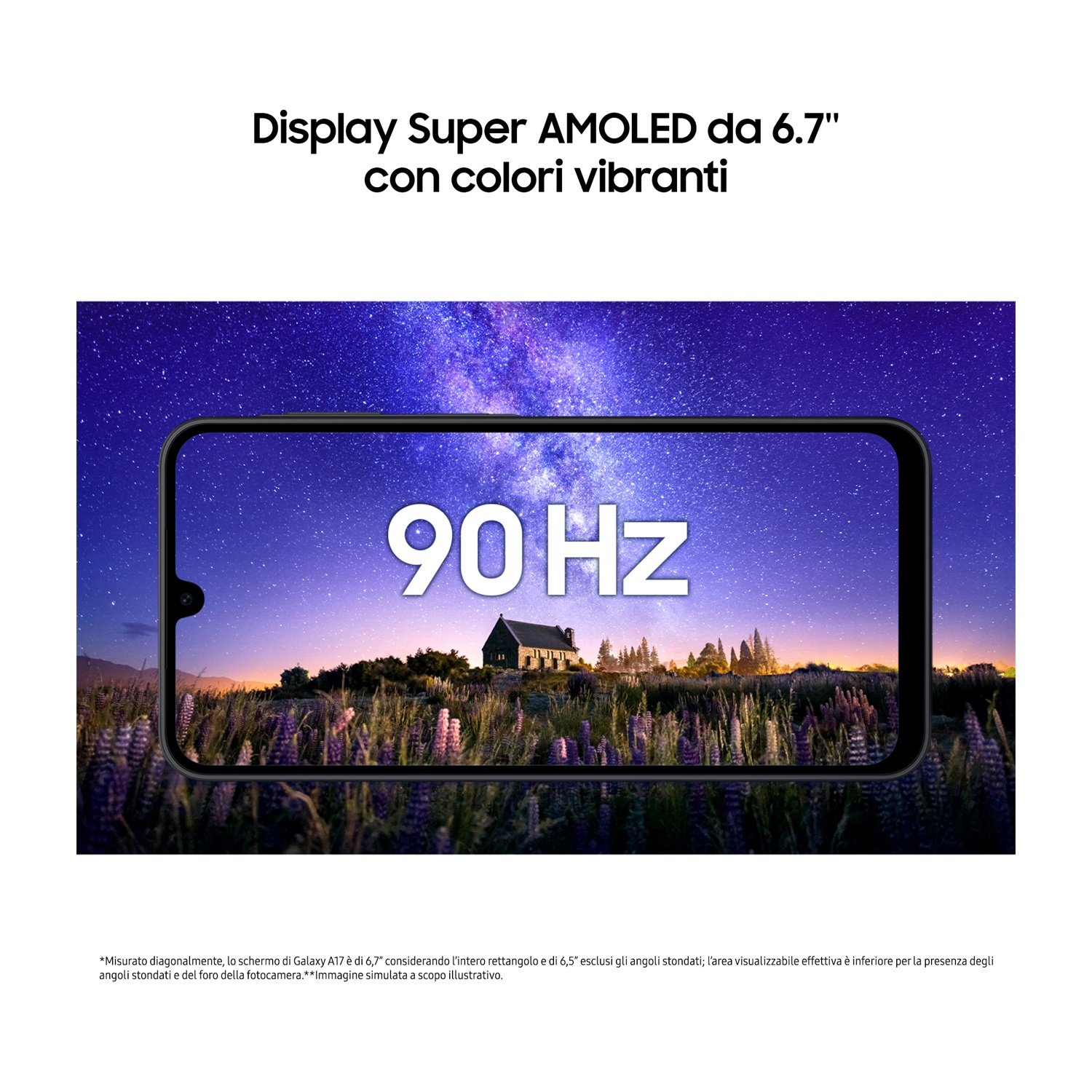 Schermo di uno smartphone che mostra un paesaggio notturno con testo 90Hz e Super AMOLED.