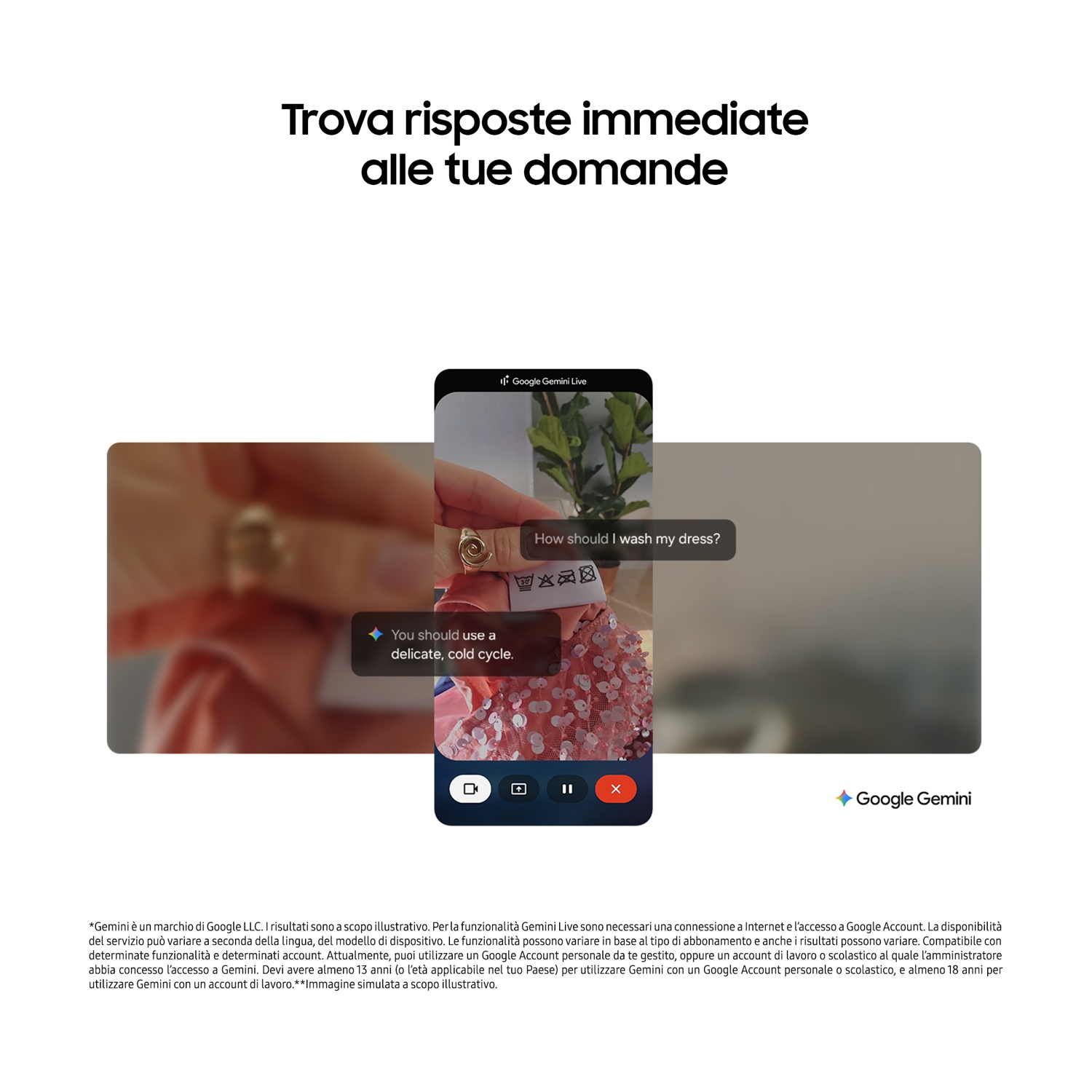Smartphone con app Google Gemini che spiega il lavaggio di un abito su sfondo chiaro.